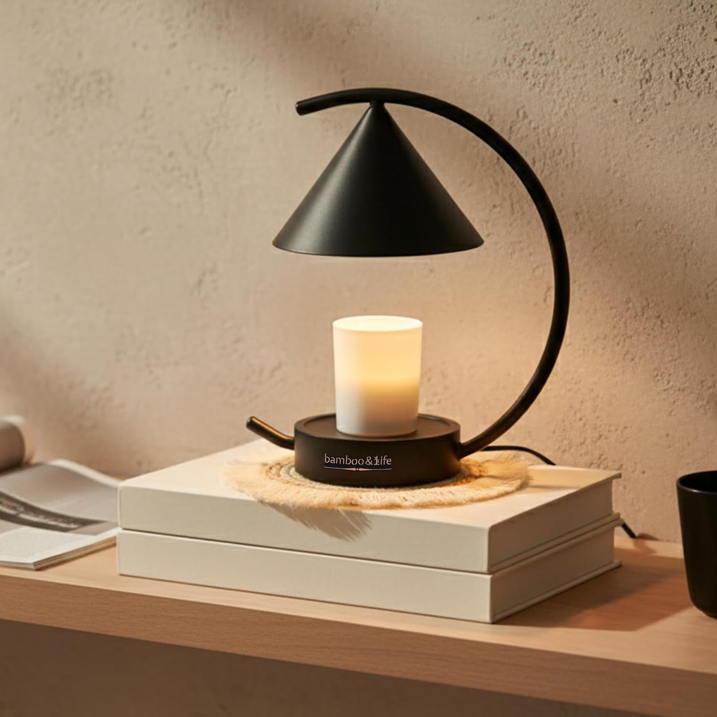 Moonlit TouchOn Candle Warmer,Eco-Luxury 5-Pc Gift Set incl. Fringe Mat&Wax Dish,Authentic Japan Design,Touch Dimmer,Real Bamboo Base,UL&ETL Certified,US Brand,Birthday&Housewarming Gift