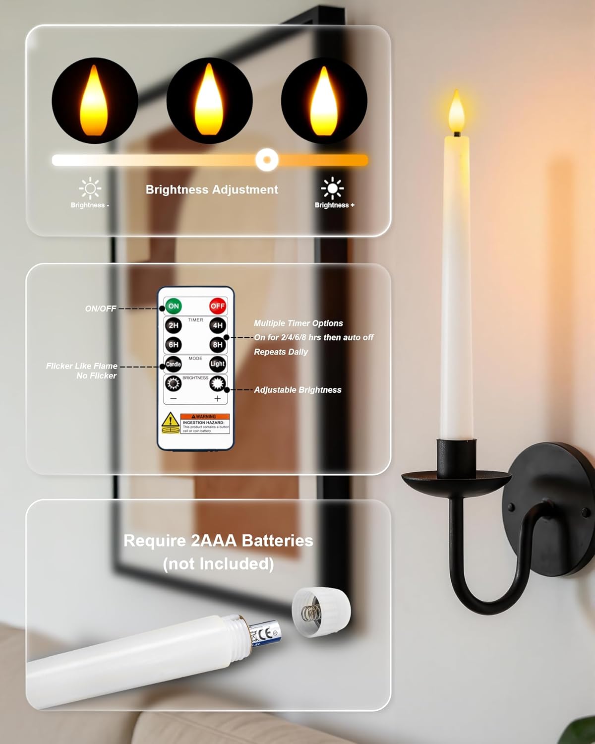 Homemory 6 Pcs Waxy Flameless Taper Candles with Remote, Led Candlesticks Classic Tall Candle, Flickering Battery Operated Taper Candles for Bedroom, Dining Room, White, 9.6 inches