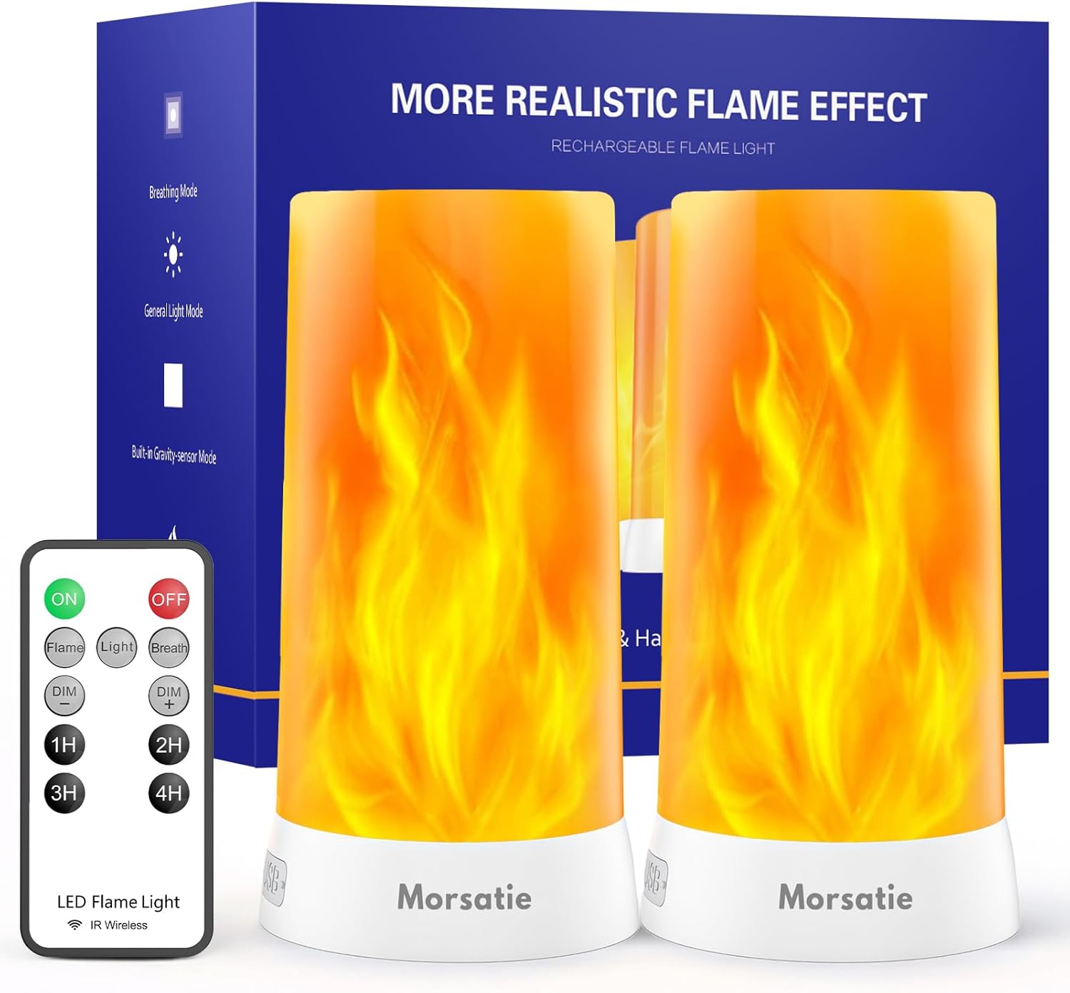 Upgraded LED Flame Light, Rechargeable Flame Lamp with Remote & Timer, 4 Modes Upside-Down Effect, Waterproof Battery Operated Dimmable Flameless Candles for Camping Indoor Outdoor Decor, 2 PCS