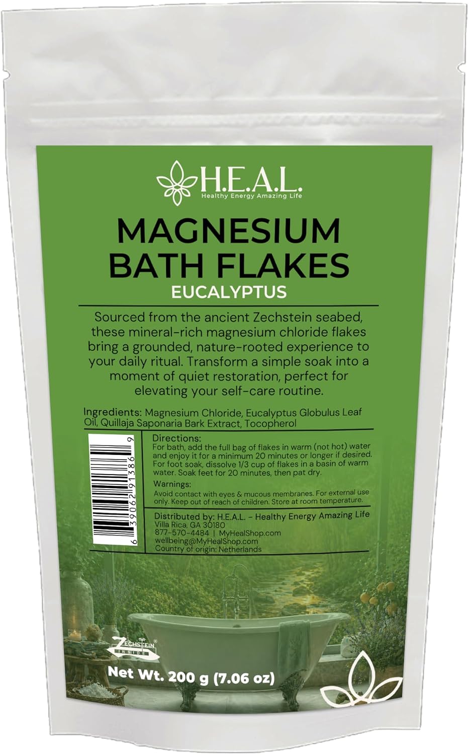 H.E.A.L. Magnesium Bath Flakes with Eucalyptus Essential Oil- 7oz for Respiratory Wellness & Relaxation