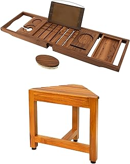 VaeFae Premium Teak Bathtub Tray and Teak Shower Corner Bench Small