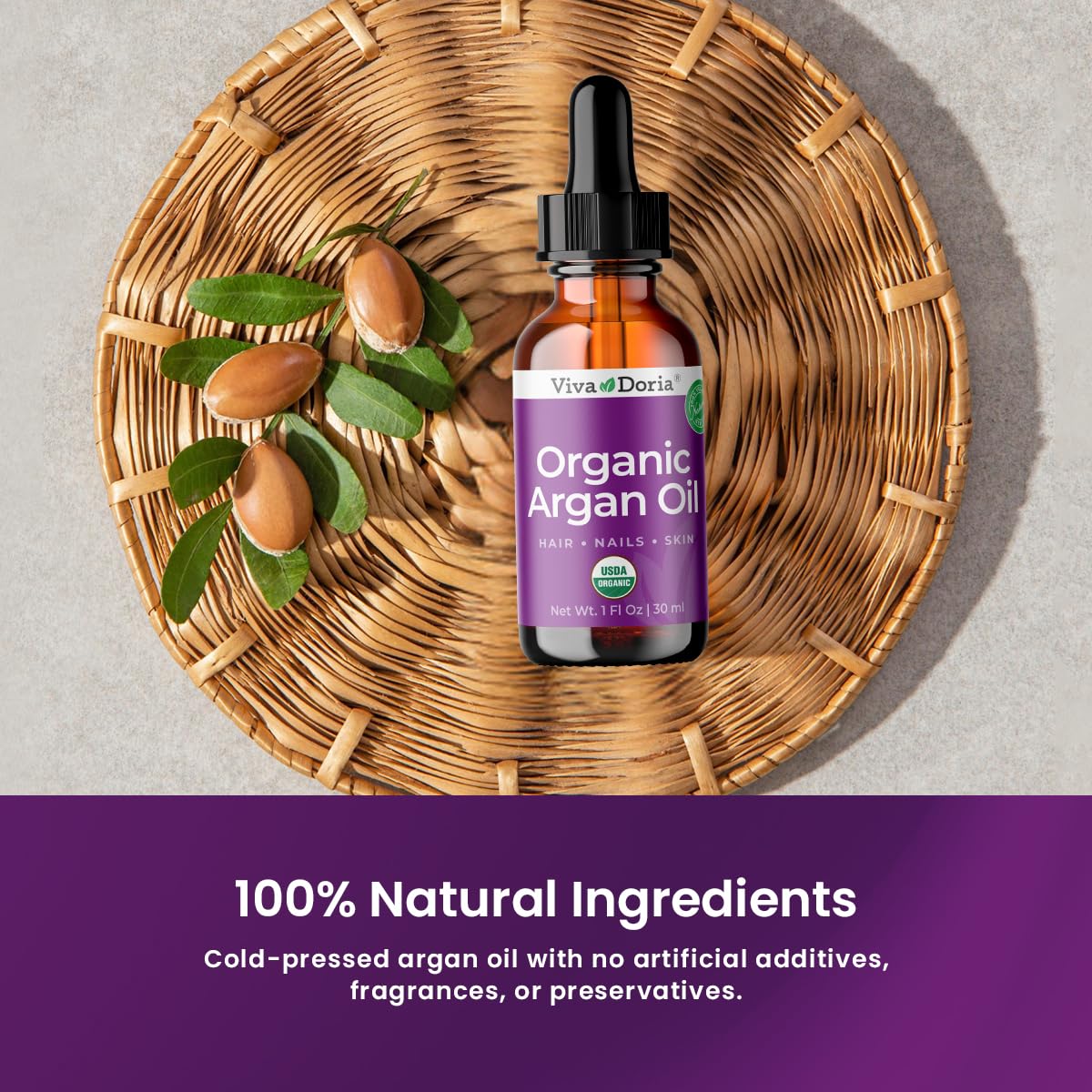Viva Doria Organic Argan Oil, 1 Fl Oz, Pure Cold Pressed Natural Beauty Oil for Face, Hair, Body, Unscented