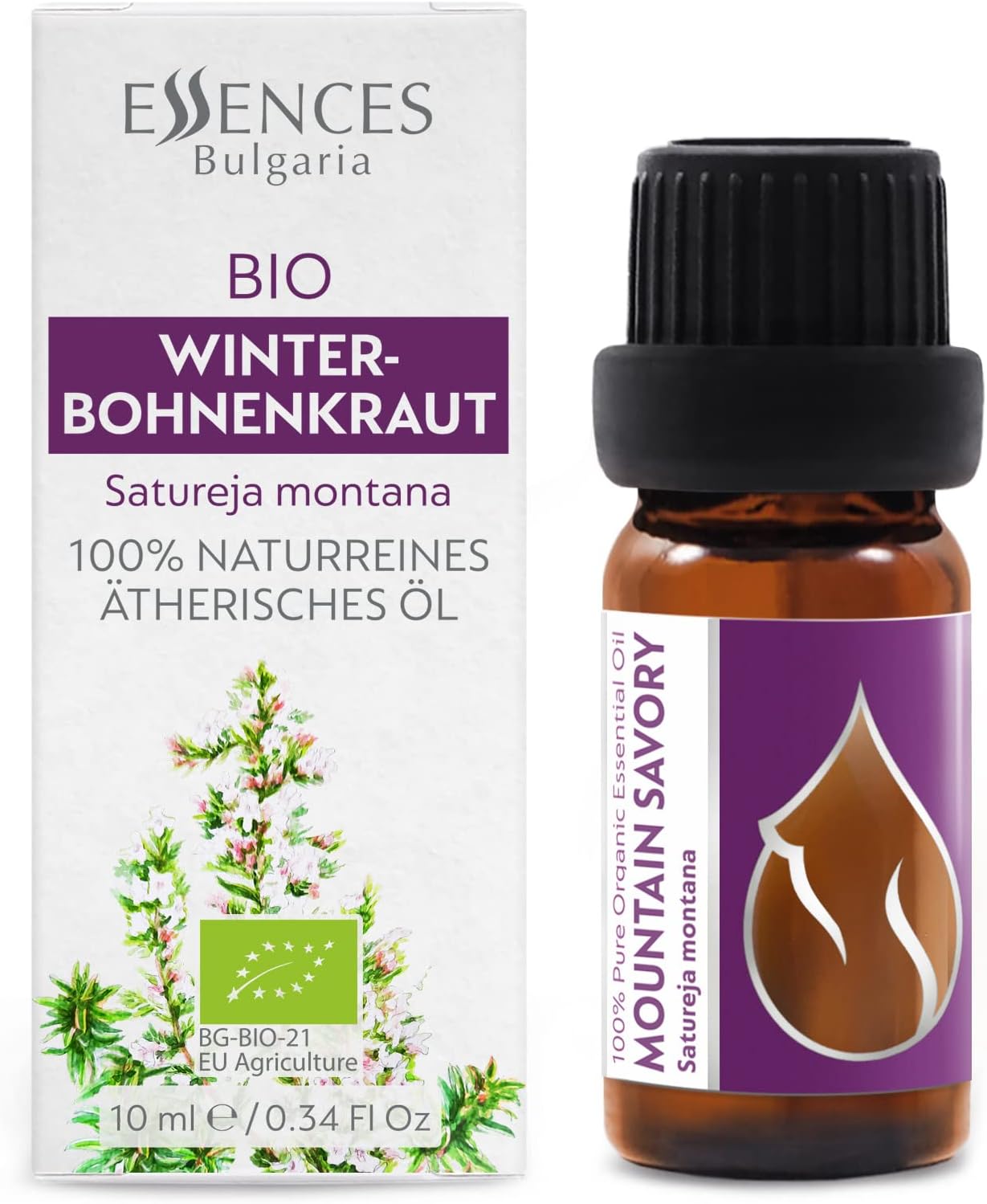 Essences Bulgaria Organic Mountain Savory Essential Oil 1/3 Fl Oz | 10ml | Satureja Montana | 100% Pure and Natural | Undiluted | Therapeutic Grade | Family Owned Farm | Steam-Distilled | Non-GMO
