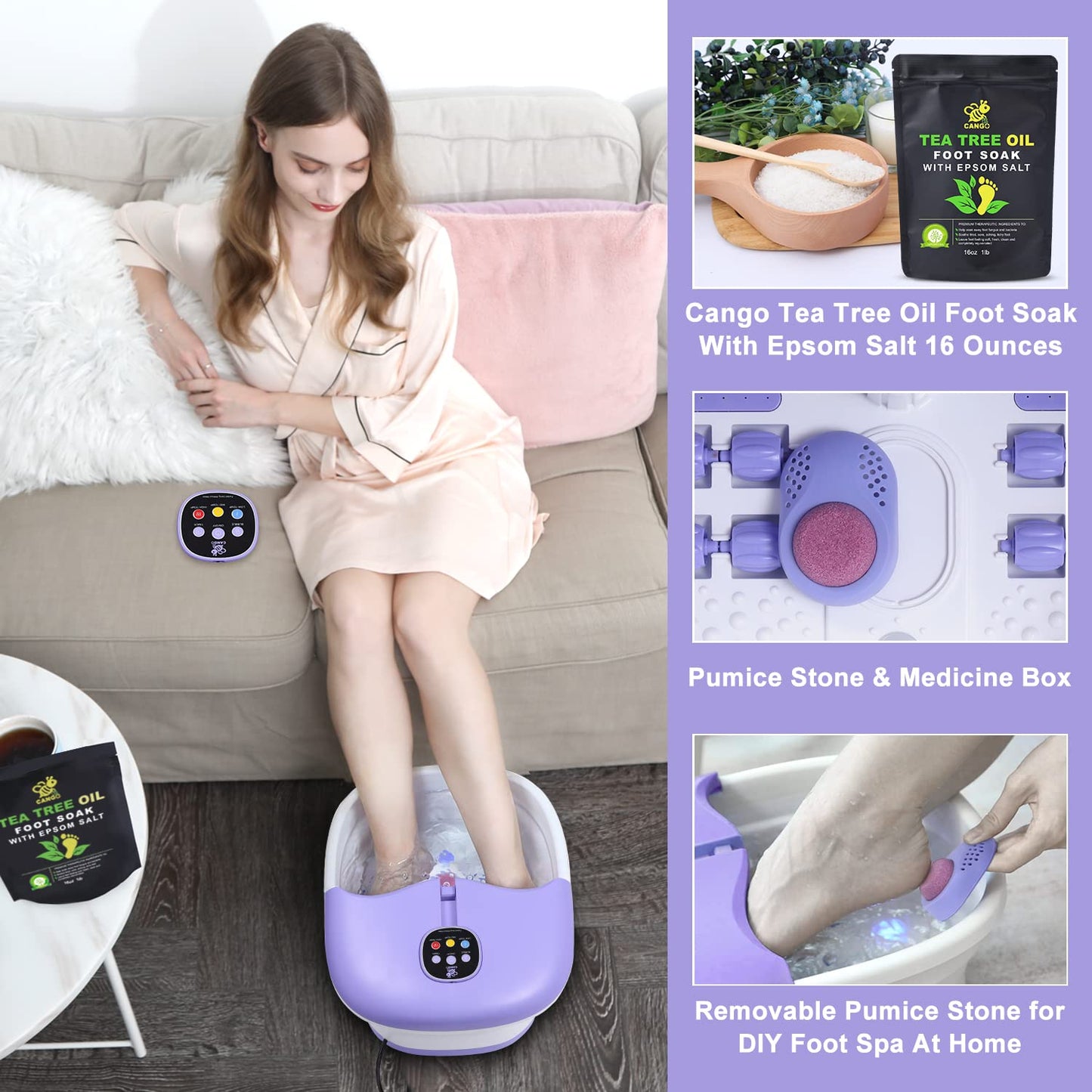 Foot Spa Bath Massager with Heat Bubbles and Vibration Massage and Jets, 16OZ Tea Tree Oil Foot Soak Epsom Salt, Collapsible Foot Bath Spa Bucket with Infrared Light & Remote Control - Purple