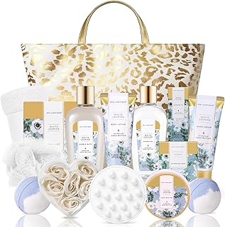 Spa Luxetique Gifts for Women 15pcs White Jasmine Gift Baskets for Women Luxury Relaxing Spa Kit with Tote Bag Birthday Gifts for Mom Friend Sister Wife Grandma Mothers Day Gift for Her