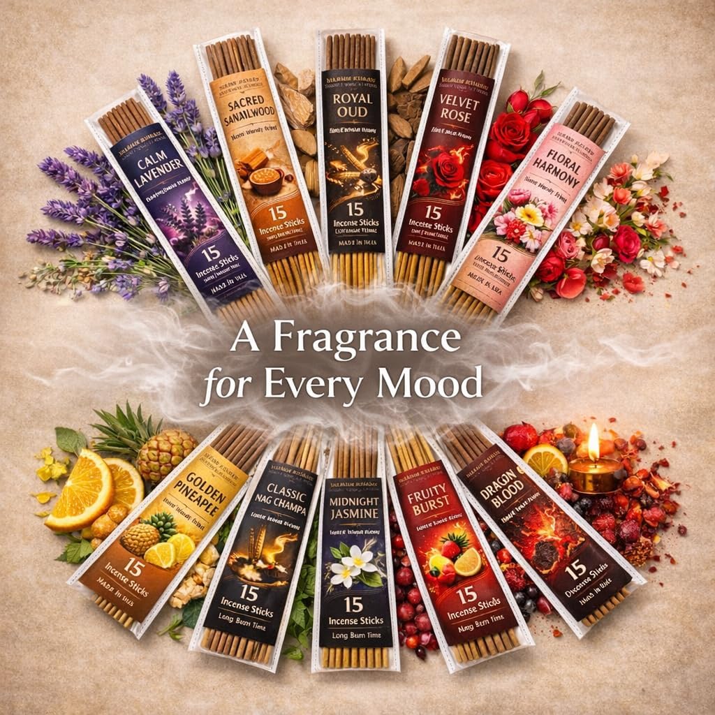 Incense Sticks Variety Pack, 150 Count – Nag Champa, Sandalwood, Lavender, Rose, Oud, Dragon Blood, Jasmine, Pineapple, Floral Harmony & Fruity Burst | 10 Scents × 15 Sticks | Natural Incense Set