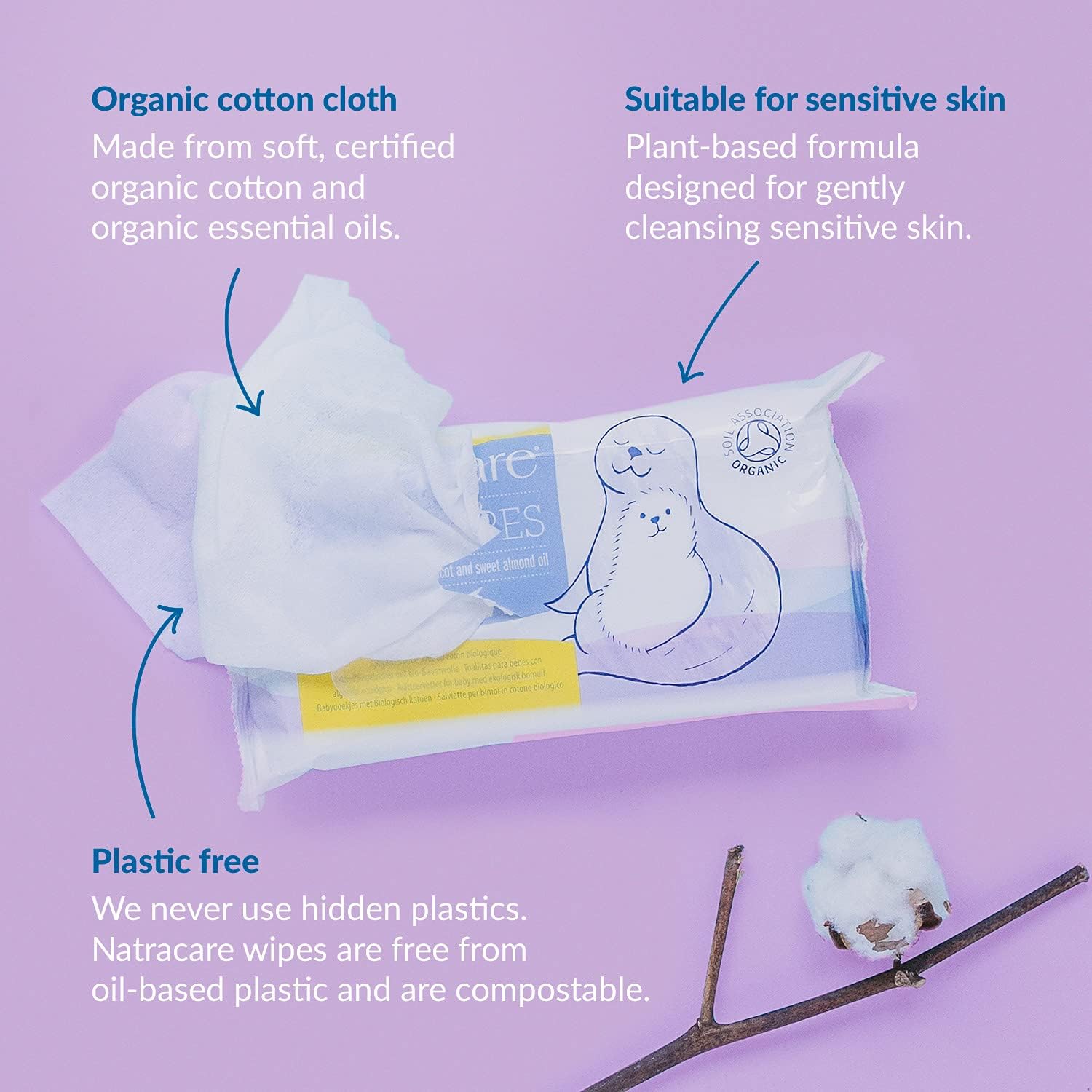 Natracare Organic Cotton Baby Wipes With Essential Oils of Chamomile, Apricot and Sweet Almond Oil (1 Pack, 50 Wipes Total)