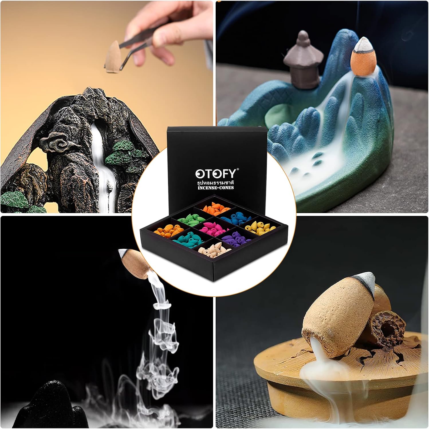 OTOFY Backflow Incense Cones 90 Pcs of 100% Natural Scents Waterfall Incense Rose Tulip Jasmine Lavender Rose for Backflow Incense Burner Holder Natural | Meditation & Yoga Gift (Black90)
