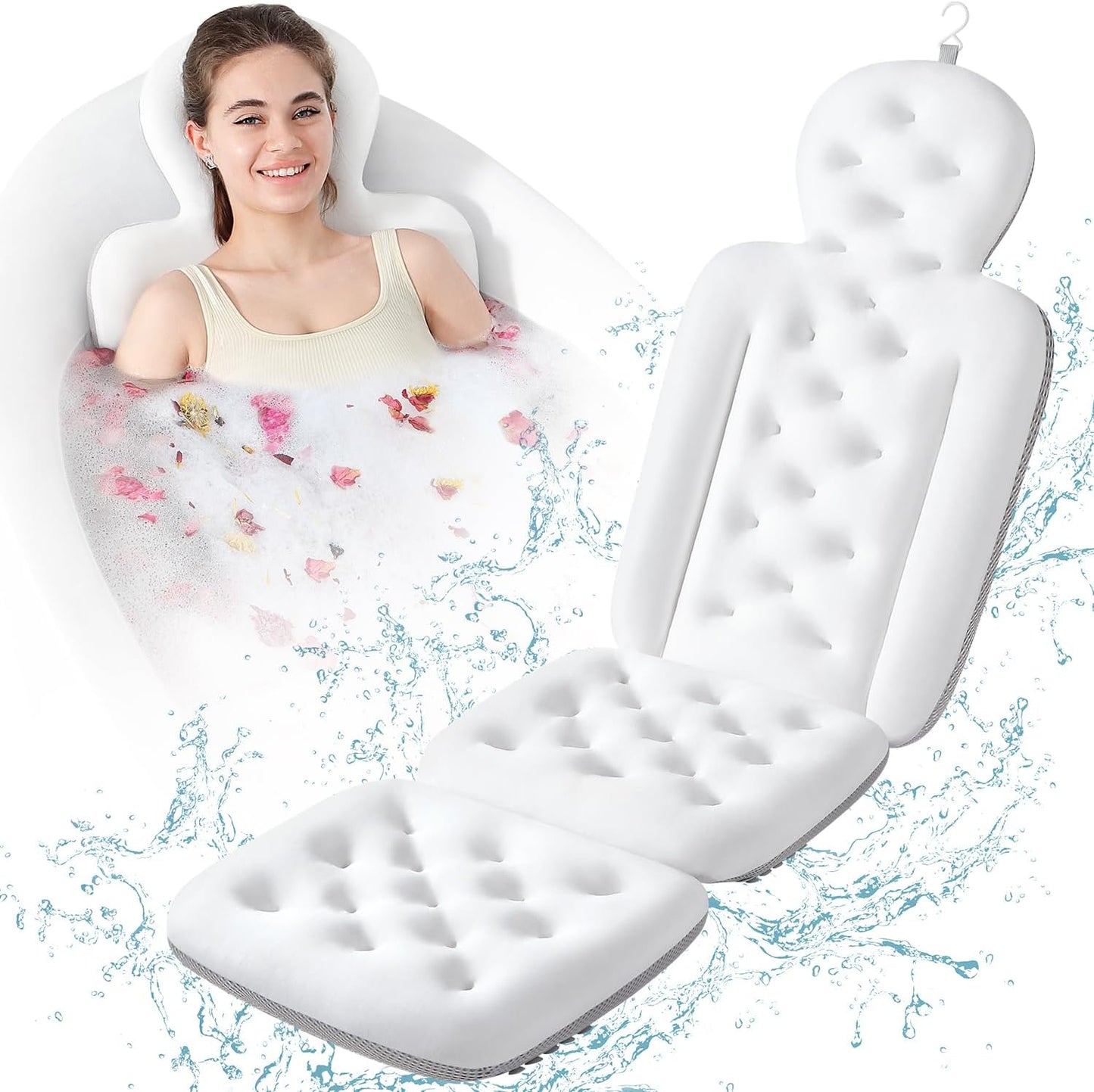 Luxury Bath Cushion, Full Body Bathtub Pillow with 160 Suction Cups, Bath Mat for Head and Neck Support, with Laundry Bag (White, 51" x 16")