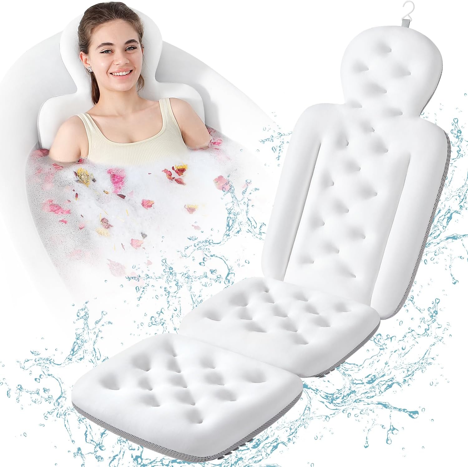 Luxury Bath Cushion, Full Body Bathtub Pillow with 160 Suction Cups, Bath Mat for Head and Neck Support, with Laundry Bag (White, 51" x 16")