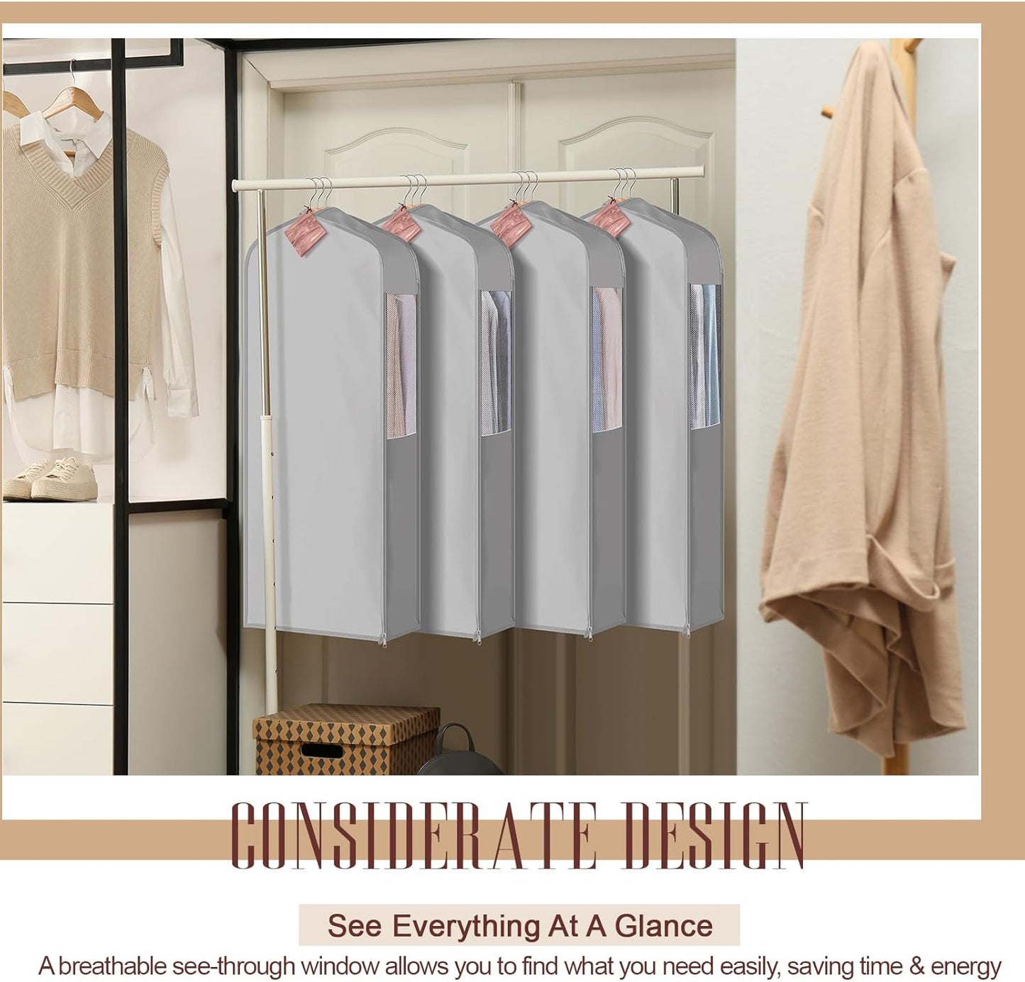 Briwooody 1 Sets 40 x 24 x 6'' Cotton Garment Bags with 4 Cedar Blocks, Moth Protection Bags Breathable for Hanging Clothes Fur Coats, Gowns, Dress, Closet Storage, Clothing Protector (Grey)