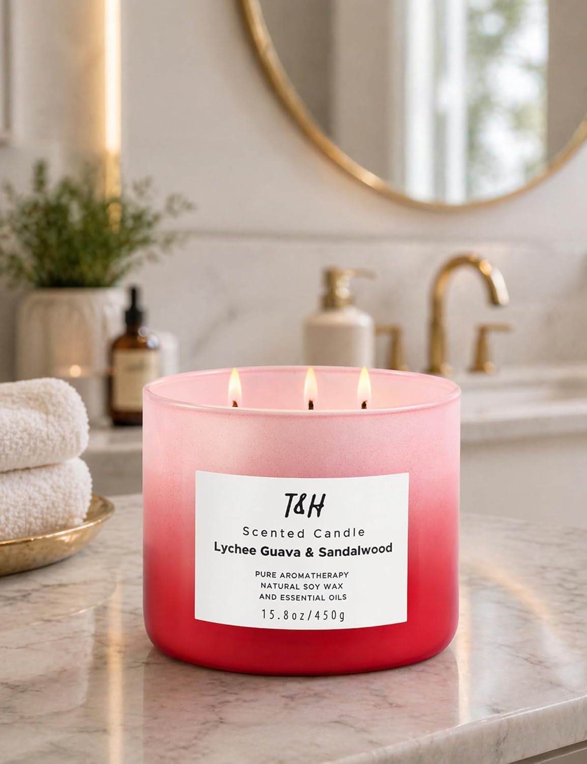 Lychee Guava Sandalwood 3 Wick Pink Scented Soy Summer Candle 15.8 oz | Sweet, juicy fruity tropical aromatherapy candle; clean burning, fills the room; candles for women; gift for girlfriend