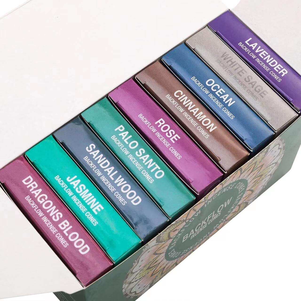 Set of 9 Backflow Incense Cones Gift Variety Pack - White Sage, Dragons Blood, Palo Santo, Jasmine, Lavender, Ocean, Sandalwood, Cinnamon, Rose for Waterfall Aromatic Smoke Fountain Haze Falls