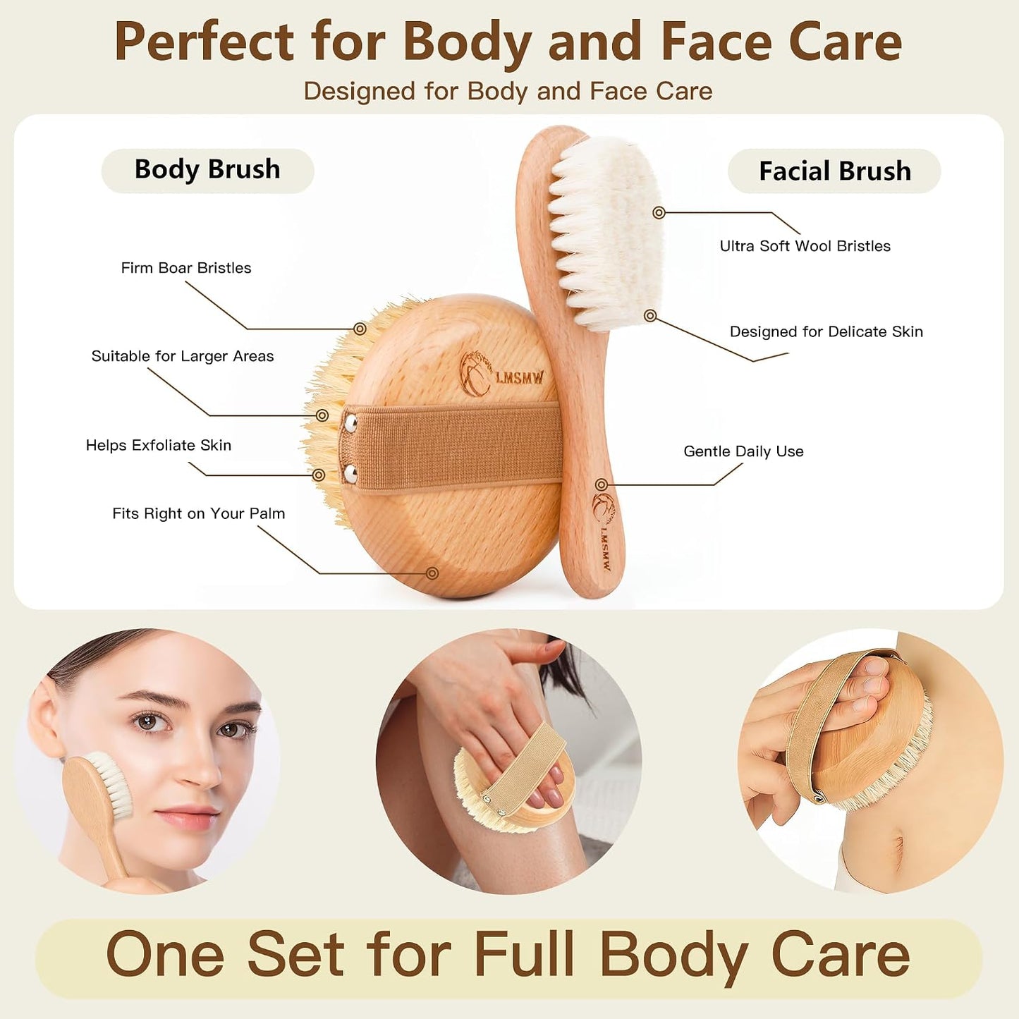 Dry Brushing Body Brush Set for Body and Face, Boar Bristle Body Scrub Brush and Soft Facial Brush, Exfoliating Dry Brush Kit for Smooth Skin, Lymphatic Drainage, Cellulite, Blood Circulation, 2 Pack