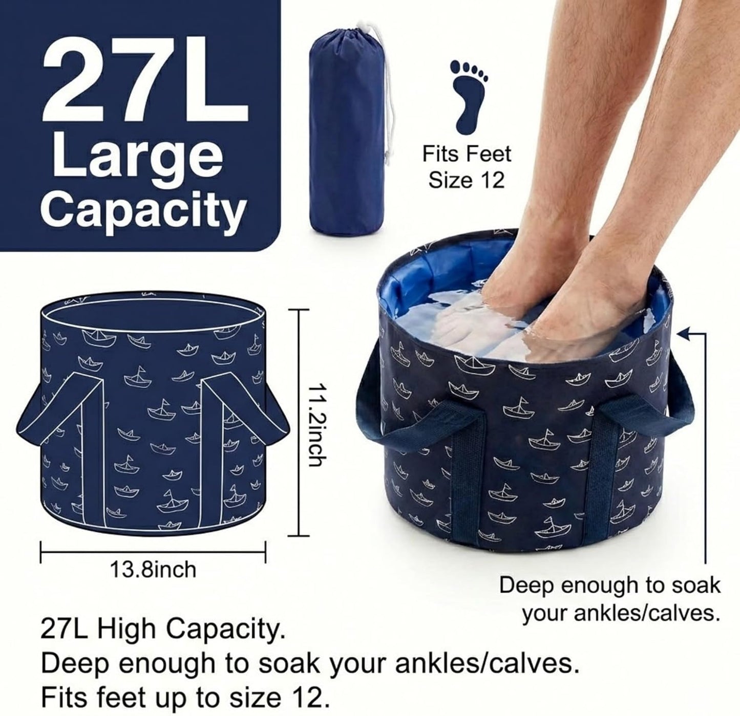 27L Extra Large Collapsible Foot Bath Basin, Deep Foot Soaking Tub for Travel & Camping, Portable Foldable Water Bucket with Handle, High-Sided Pedicure Spa Tub for Home, Outdoor, Fishing, Laundry