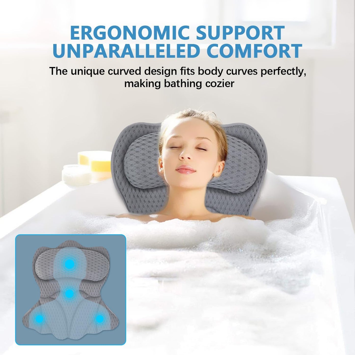 REEZEIVI Bath Pillows for Tub,Bath Pillow with 6 Non-Slip Suction Cups,Soft 4D Mesh Fabric,Bathtub Pillows for Tub Neck and Back Support,Extra Thick Luxury Bathtub Pillows,Grey