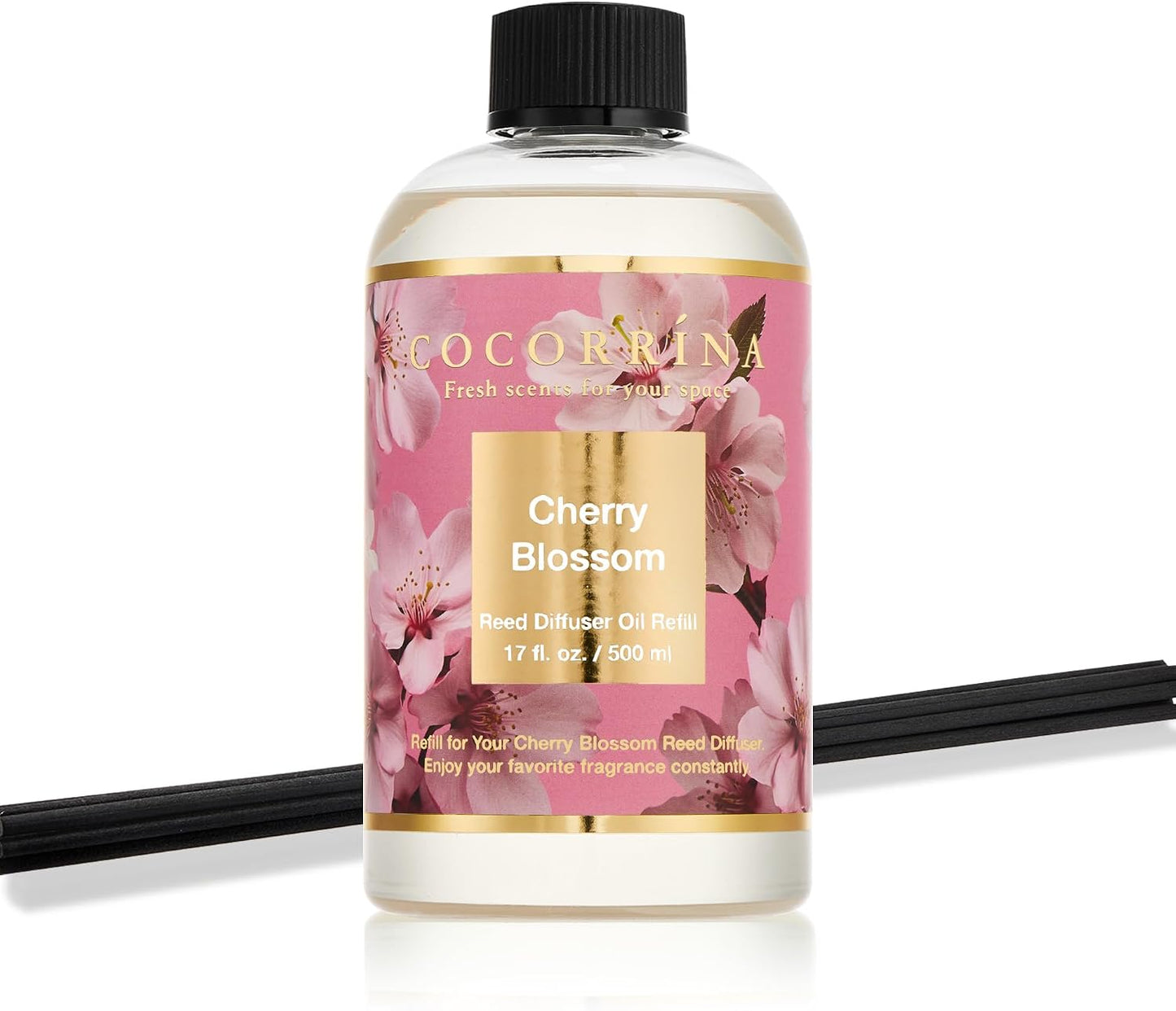 Cocorrína Reed Diffuser Refill Cherry Blossom 17oz (500ml) with 8 Sticks - Premium Long-Lasting Scented Oil, Home Fragrance for Bedroom, Bathroom Home Decor