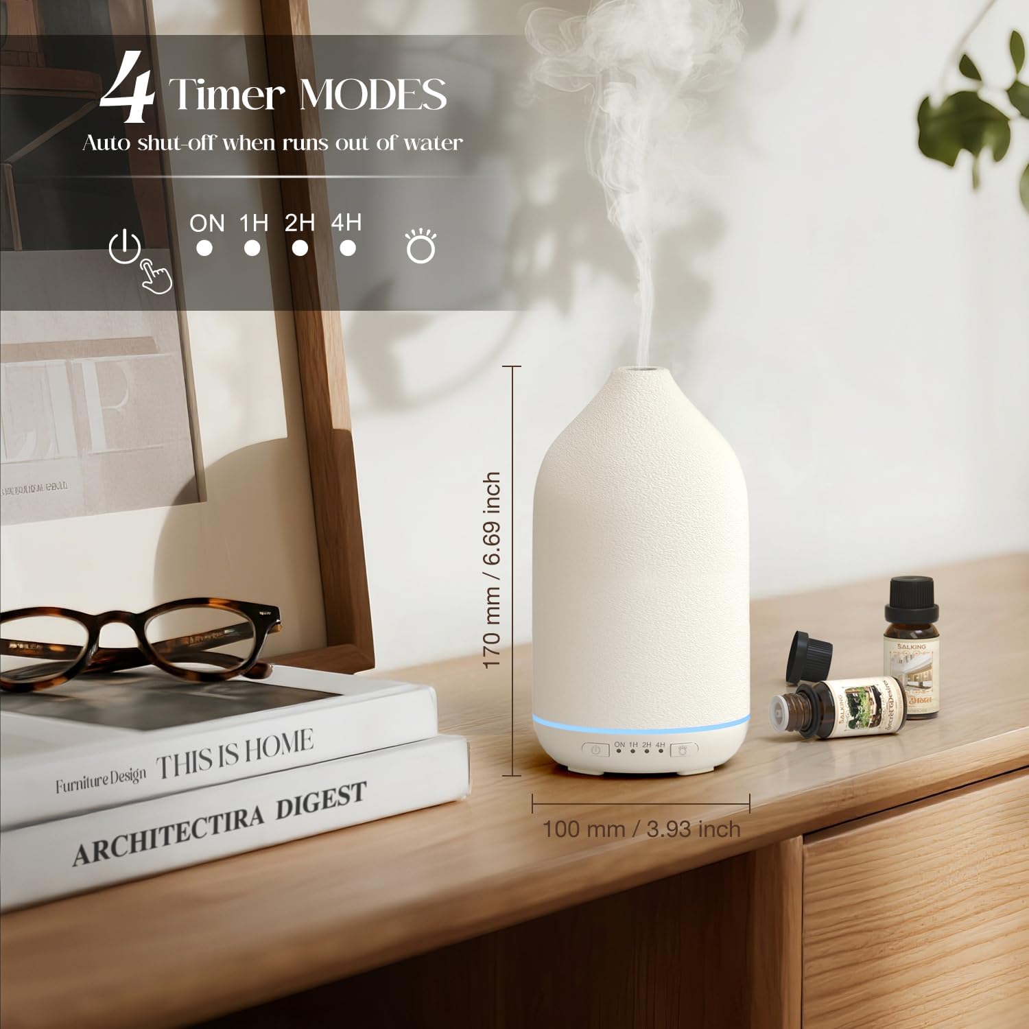SALKING 200ml Ceramic Essential Oil Diffuser, Stone Diffusers for Essential Oils, Ultrasonic Aromatherapy Diffusers with with 7-Color LED Lights Timers, for Office Bedroom Home (White)