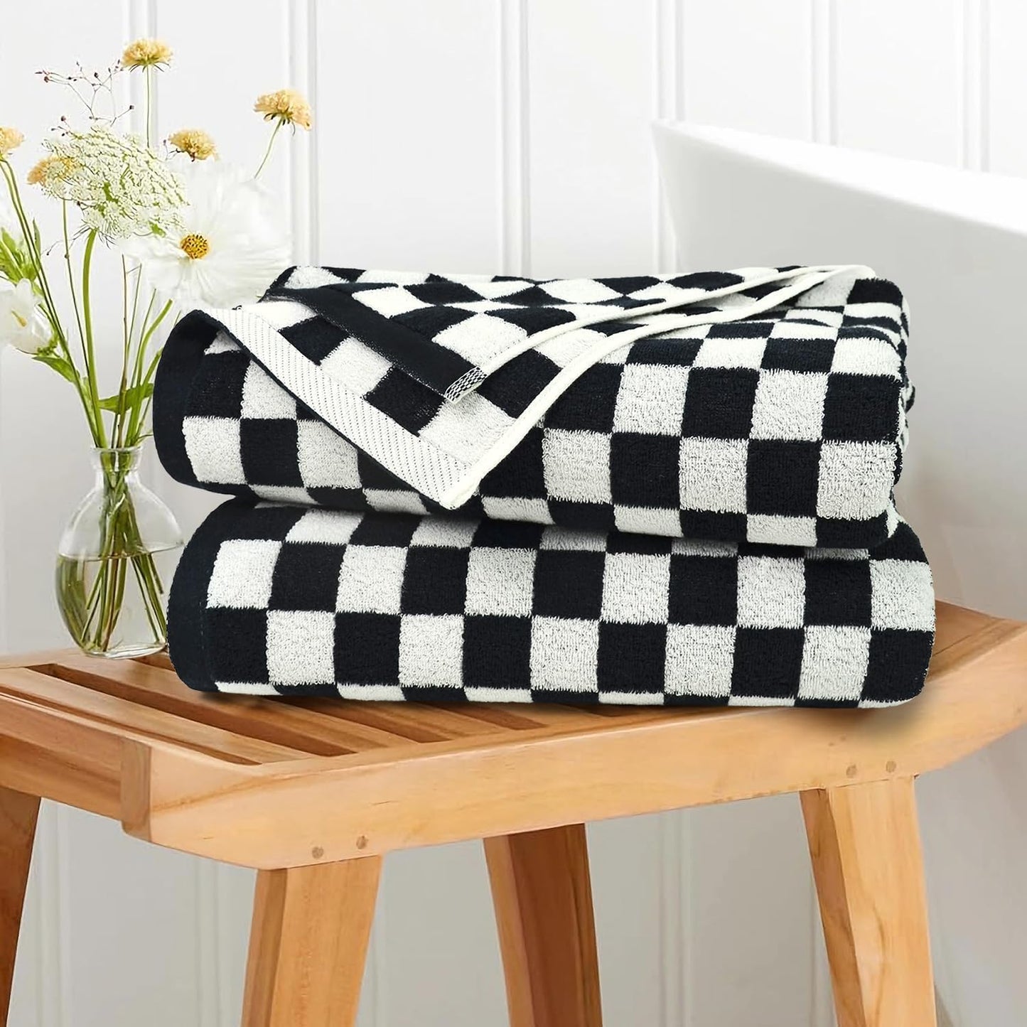 Jacquotha Black and White Checkered Cotton Bath Towels Set of 2 - Cute Aesthetic Towels for Bathroom Decor, Pool, Beach, Spa, 27.5" x 55"