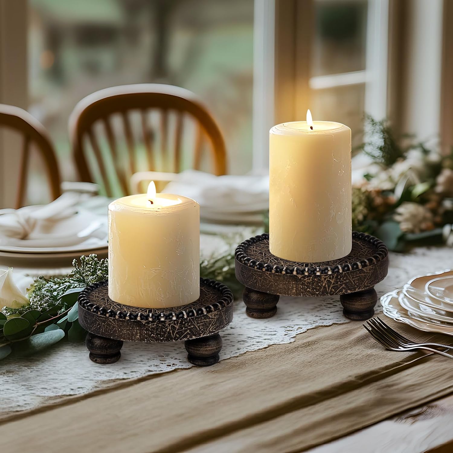 Farmhouse Round Wood Tray Riser, Pedestal Stand with Beaded Edge, Rustic Wooden Candle Trays Decor for Tiered Tray, Candle, Mug Display Decorative, Table Centerpiece, Black Gold