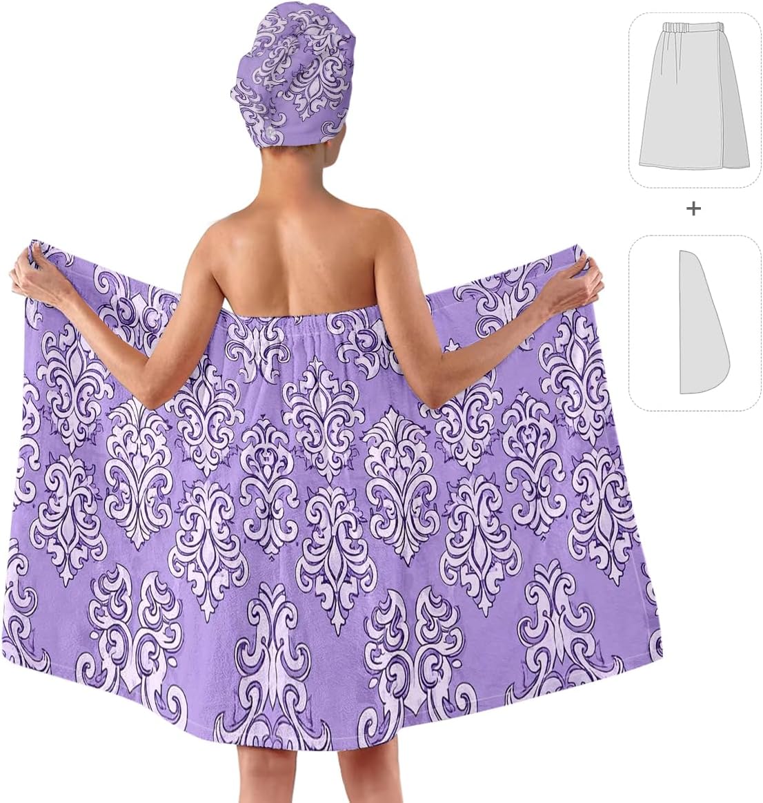YWMAN Microfiber Bath Wrap Set with Hair Turban, Purple Damask Pattern, Soft Spa Shower Towel Wrap, Women's Bath Accessories, Fits 39.4-59 inch Chest