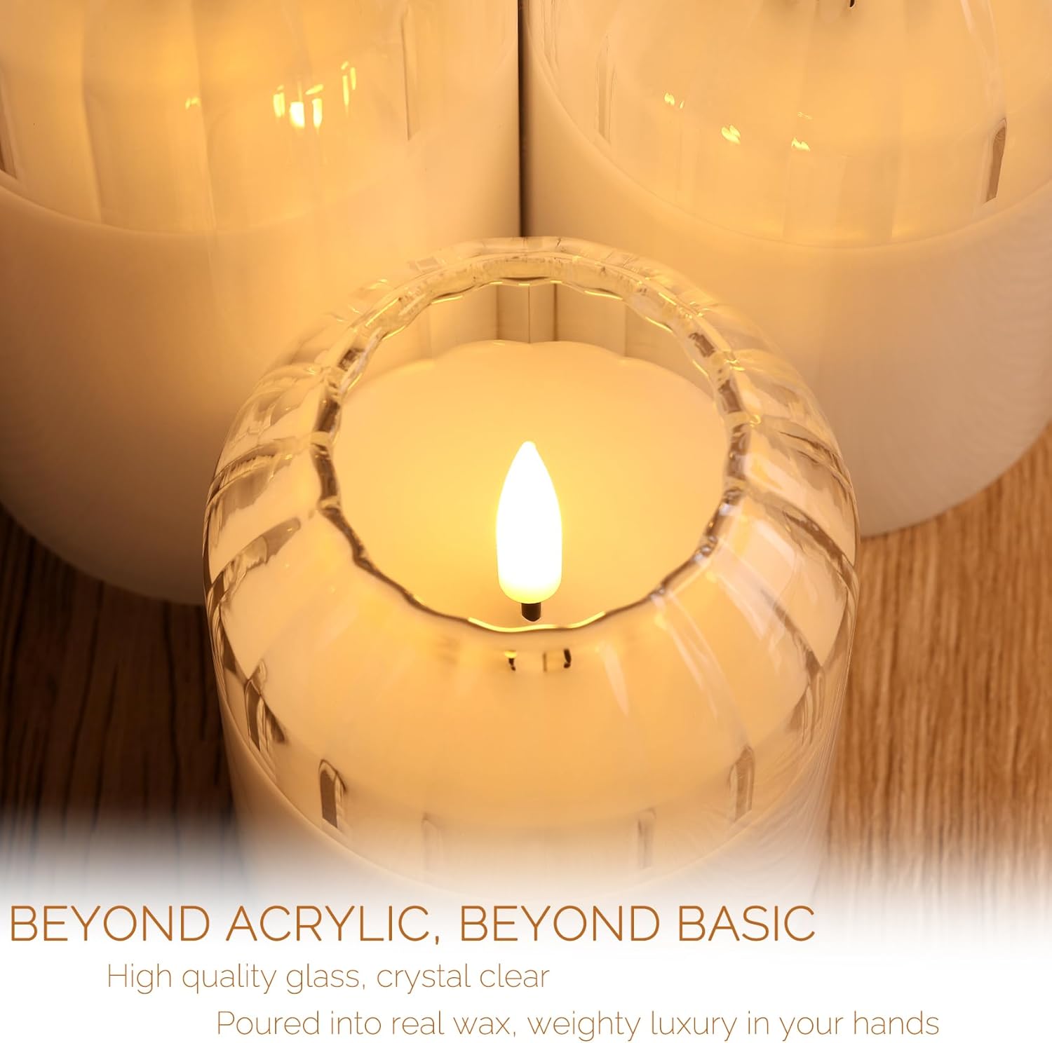 Clear Glass Flameless Candles with Remote, Flickering LED Pillar Candles Battery Powered Ribbed Dome Top Set of 3
