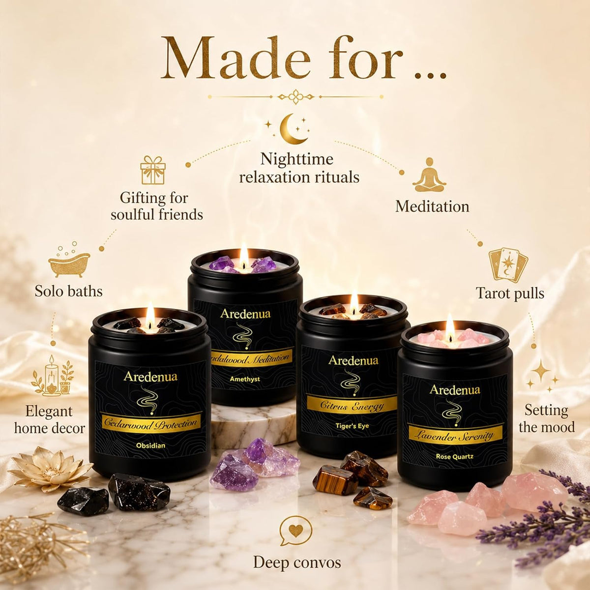 4-Pack Scented Candles with Crystals, 28 oz Soy Candles for Women Men