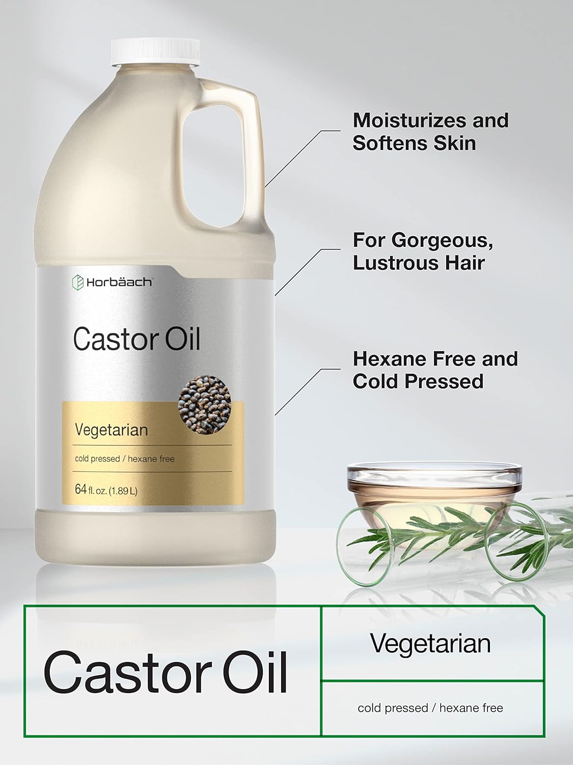 Horbäach Castor Oil 64oz | for Hair, Eyelashes & Eyebrows | Hexane Free & Cold Pressed | Vegetarian, Non-GMO