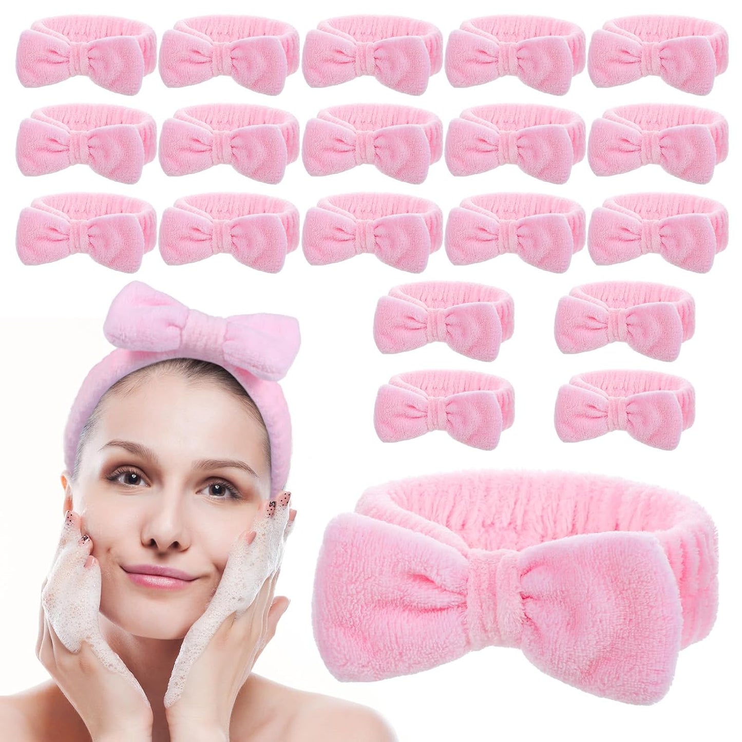 20 PCS Spa Headband Bulk, Pink Spa Headbands for Women, Hair Band for Washing Face Beauty Shower Skincare, Elastic Bowknot Make up Headband
