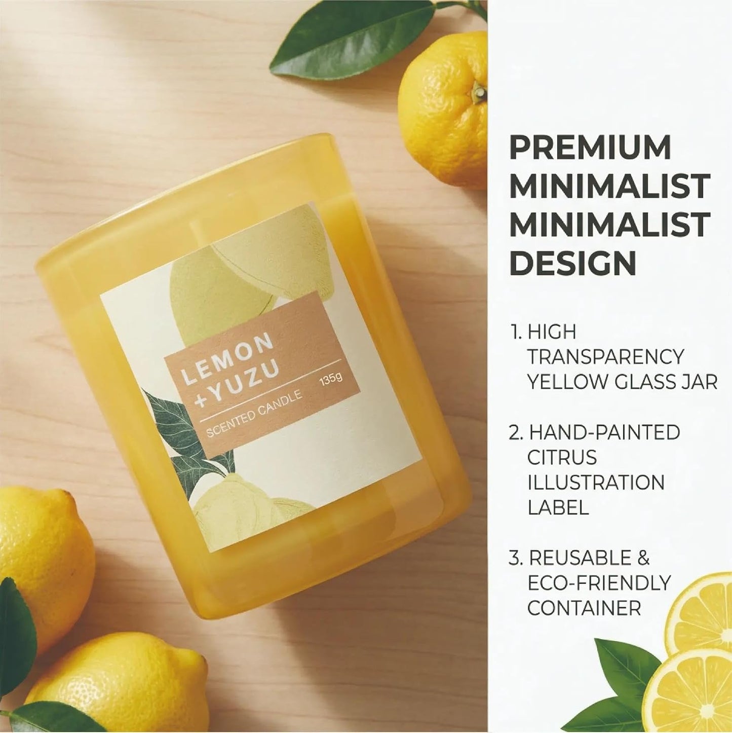 Lemon Scented Candle – 4.76 oz (135g) Natural Soy Wax, 30-Hour Clean Burn, Elegant Glass Jar, Home Fragrance & Thoughtful Gift for Home (Lemon)