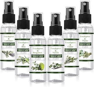 Frienda 6 Pack Eucalyptus Shower Spray with Essential Oils Portable Travel Eucalyptus Blends Mist Spray for Spa and Sauna Steam Room Aromatherapy for Women Teacher Staff Employee Thank You Gifts 2oz