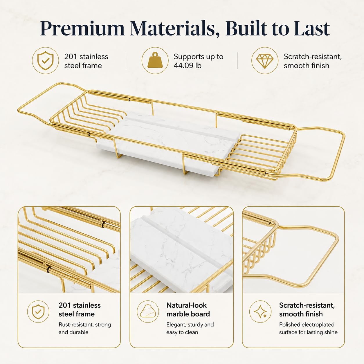 Expandable Bathtub Tray, Stainless Steel Bath Table Tray with Marble Board, Modern Luxury Bathtub Shelf for Bathrooms, Kitchen Sink (Gold + White)
