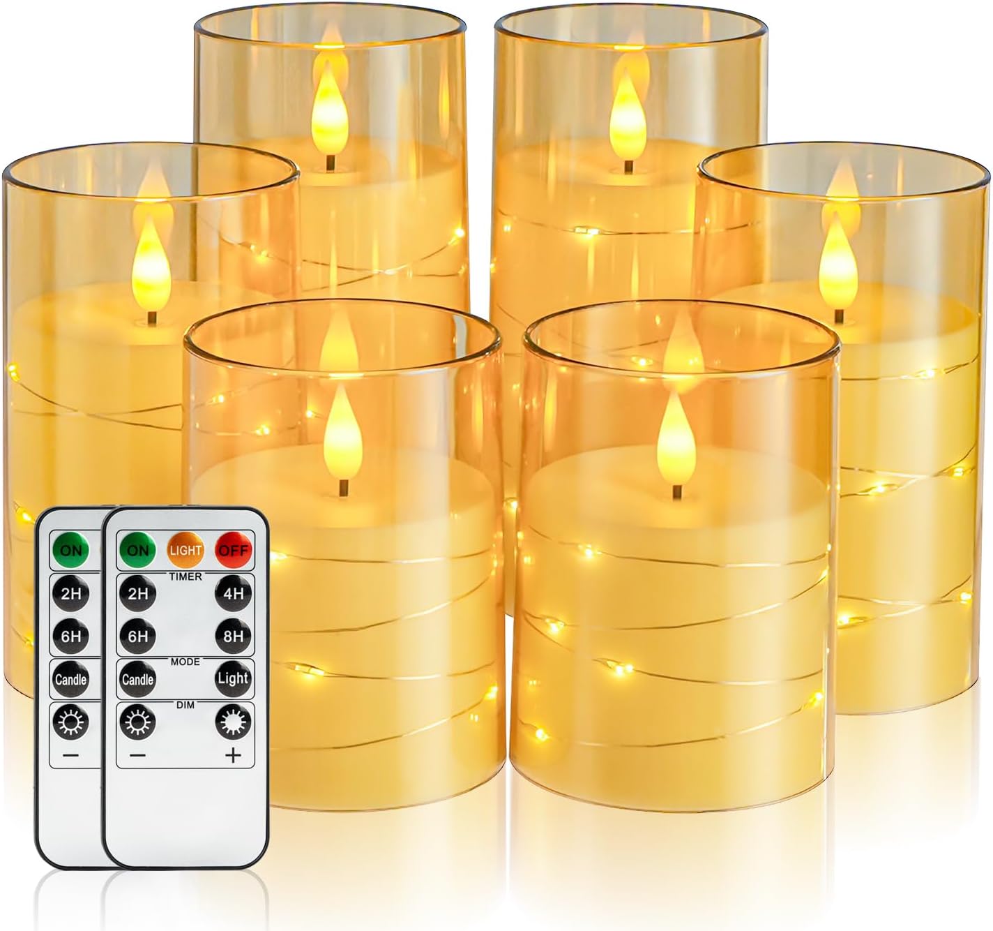 Amagic Flameless Candles, Flickering Battery Operated Candles Embedded Fairy String Light, Realistic Pillar Candle with Remote Control and Timer, Acrylic Amber Gold, Set of 6, D3 x H4 5" 6"