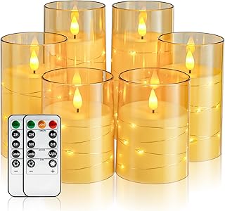 Amagic Flameless Candles, Flickering Battery Operated Candles Embedded Fairy String Light, Realistic Pillar Candle with Remote Control and Timer, Acrylic Amber Gold, Set of 6, D3 x H4 5" 6"