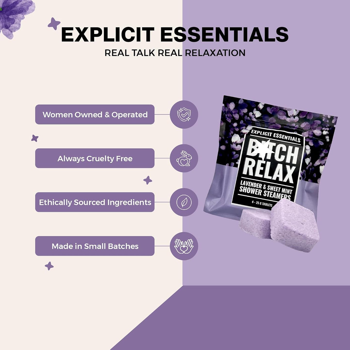 Explicit Essentials B Relax Shower Steamers | Lavender Mint Aromatherapy Shower Steamers for Relaxation & Stress Relief | Spa Shower Gift for Self-Care, Birthdays & Holidays