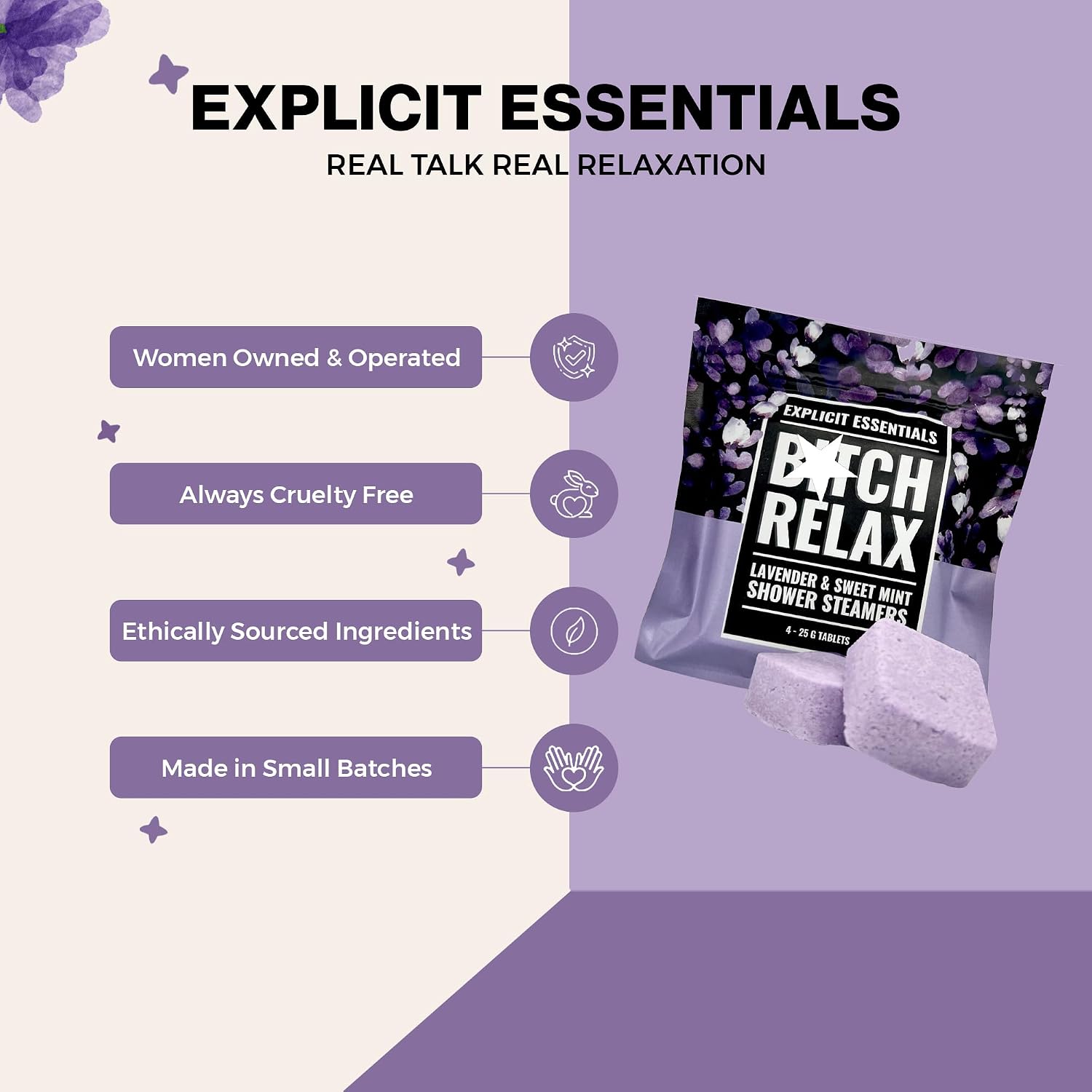 Explicit Essentials B Relax Shower Steamers | Lavender Mint Aromatherapy Shower Steamers for Relaxation & Stress Relief | Spa Shower Gift for Self-Care, Birthdays & Holidays