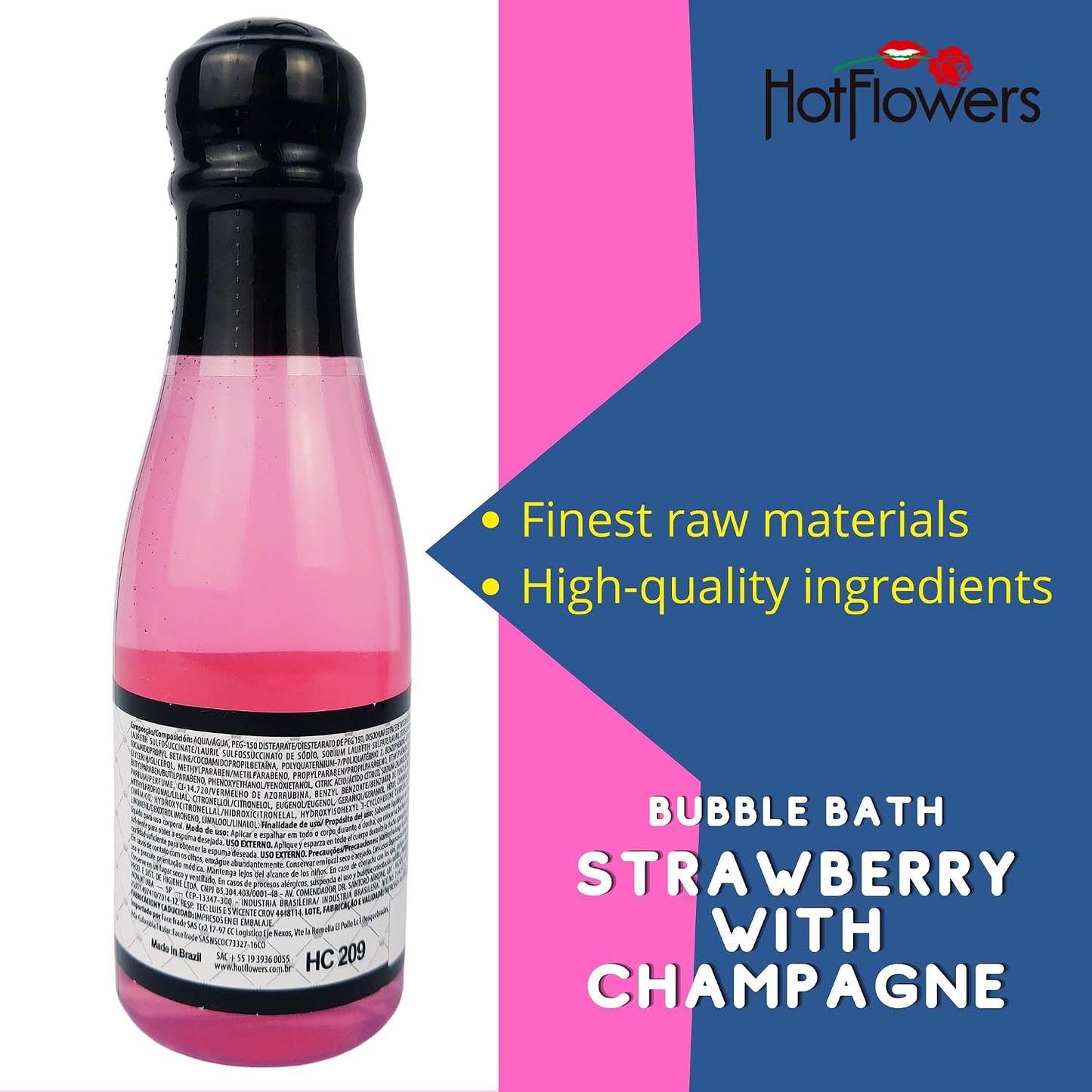 Hot Flowers Bubble Bath Scented – Women and Men Bath Foam Products – Relaxing, Foaming, and Moisturizing Adult Soak – Special Small Champagne-Shaped Pet Bottle - Strawberry with Champagne Scent (3)