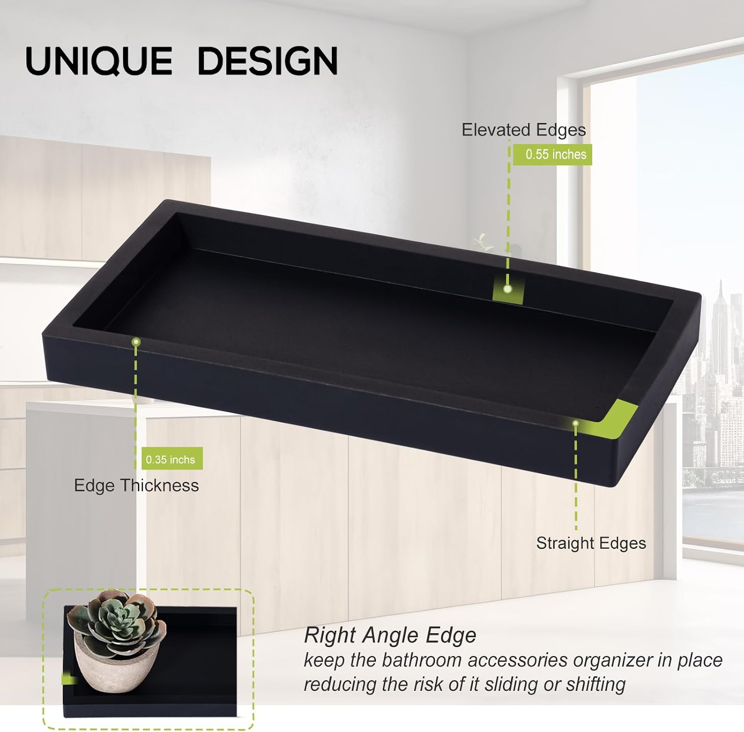 Small Silicone Bathroom Vanity Tray Rectangle Soap and Sponge Holder Kitchen Sink Organizer for Scrubber, Lotion Bottles, Perfume, Jewelry, Candle, Key Trinket Ring, Black