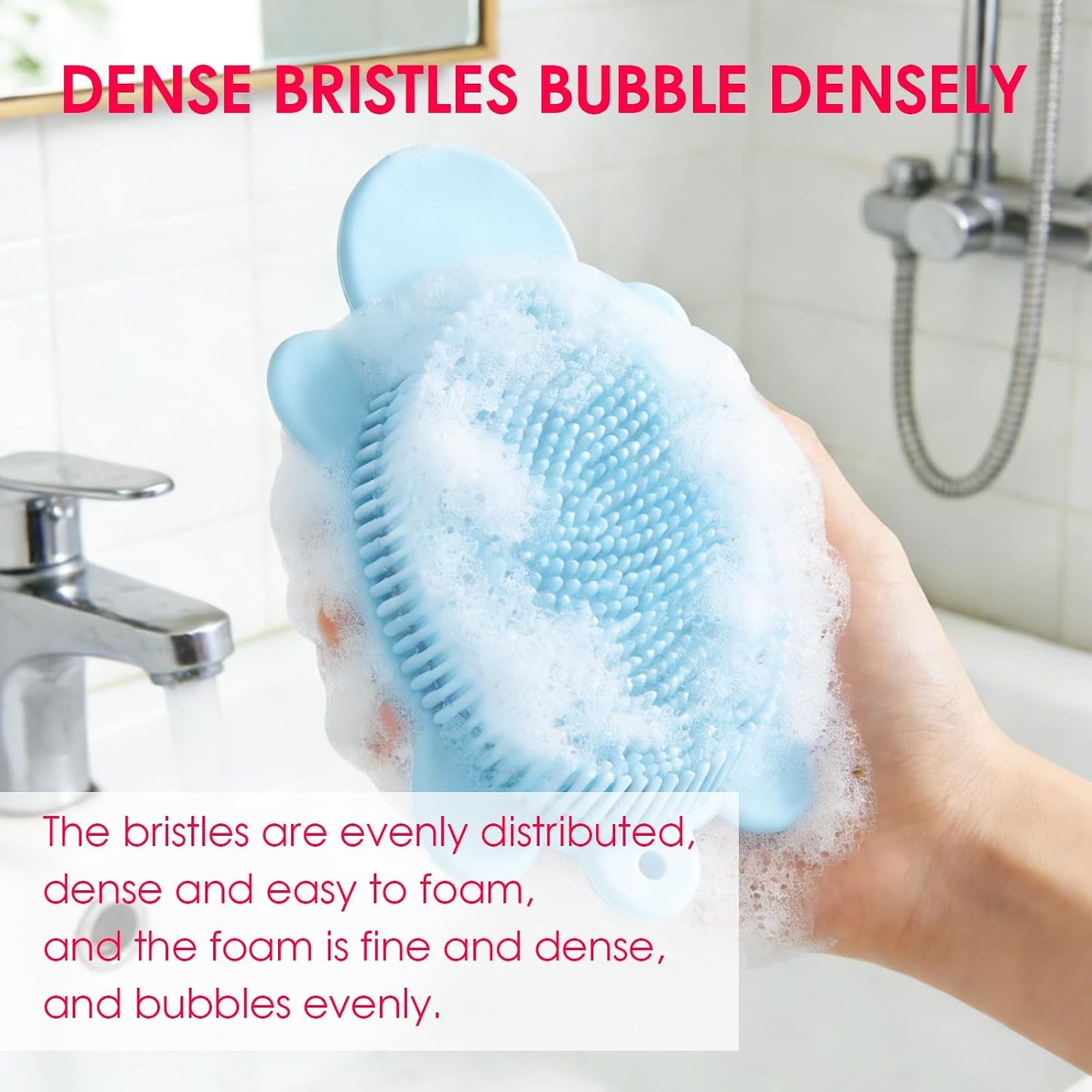 Baby Shower Brush,Kids Silicone Body and Back Exfoliating Mitt - Soft Bristles, Gentle Exfoliation, Cute Turtle Design Makes Children Love Bathing(Wathet)