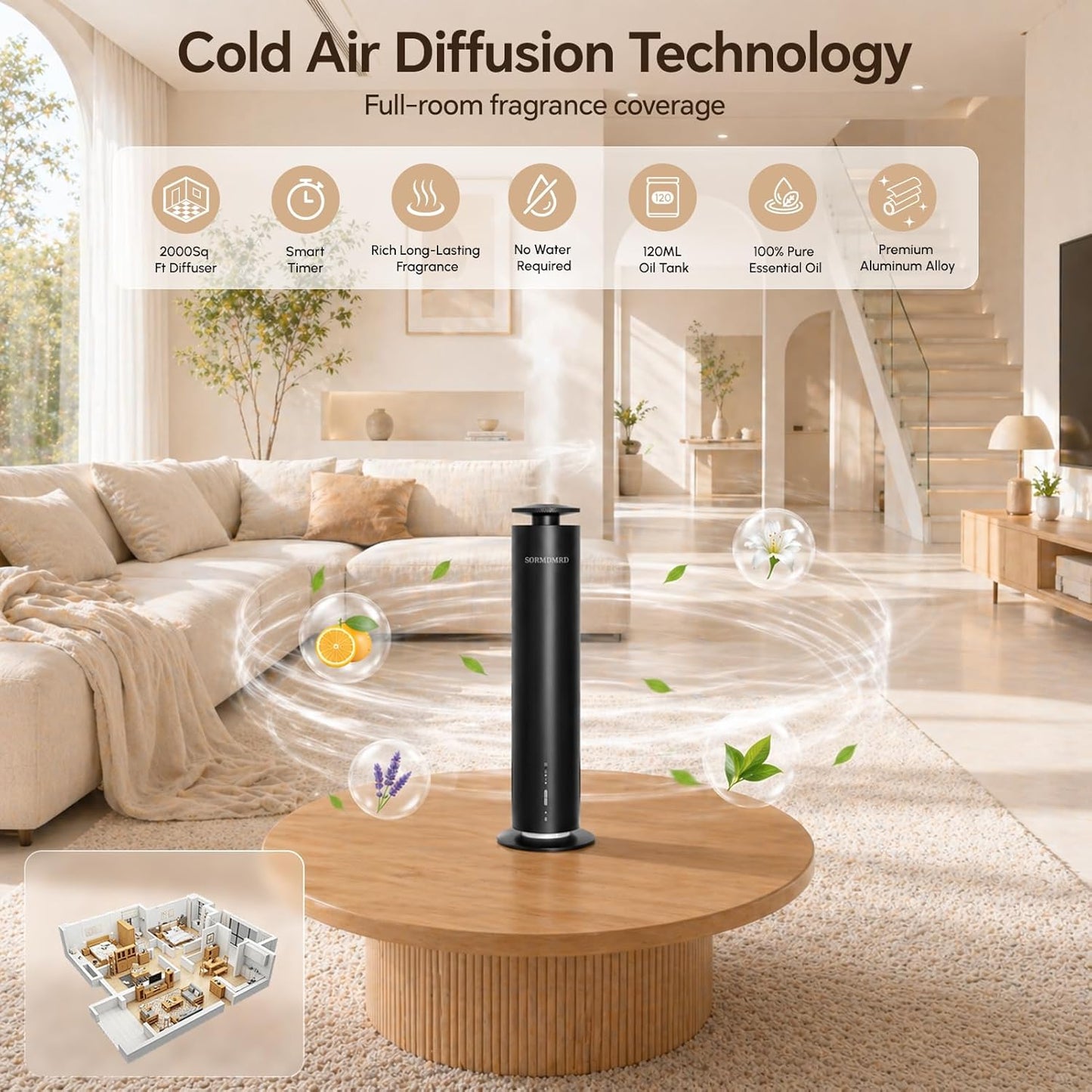 Waterless Scent Diffuser Starter Kit with 5 Scent Essential Oils, Covers 2000 Sq Ft, Cold Air Diffusers for Home, Hotel, Office, Aromatherapy Diffuser with Adjustable Mist, Timer, App & Remote Control