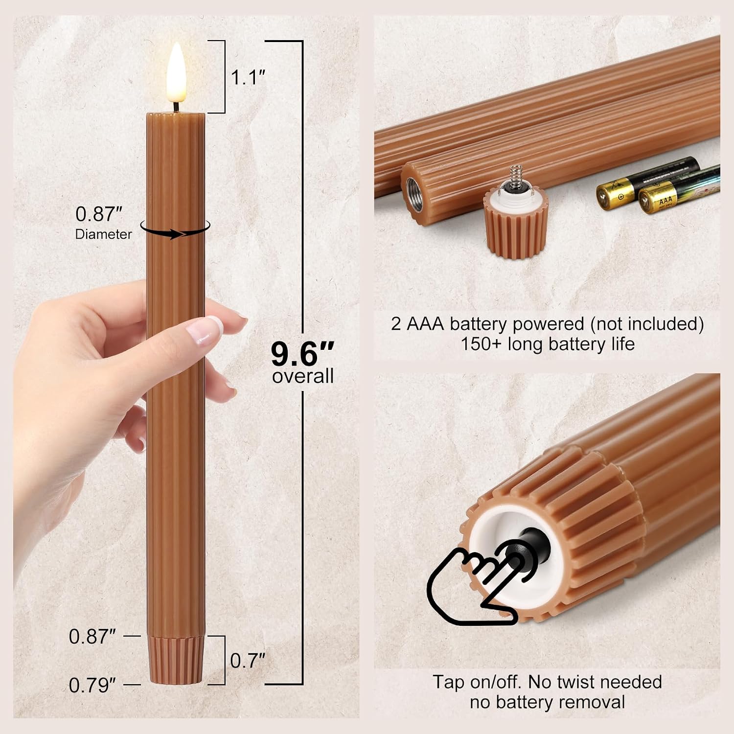 Brown Ribbed Fluted Flameless Taper Candles with Remote, Flickering Battery LED Wax Candlesticks Wedding Table Decor Set of 4