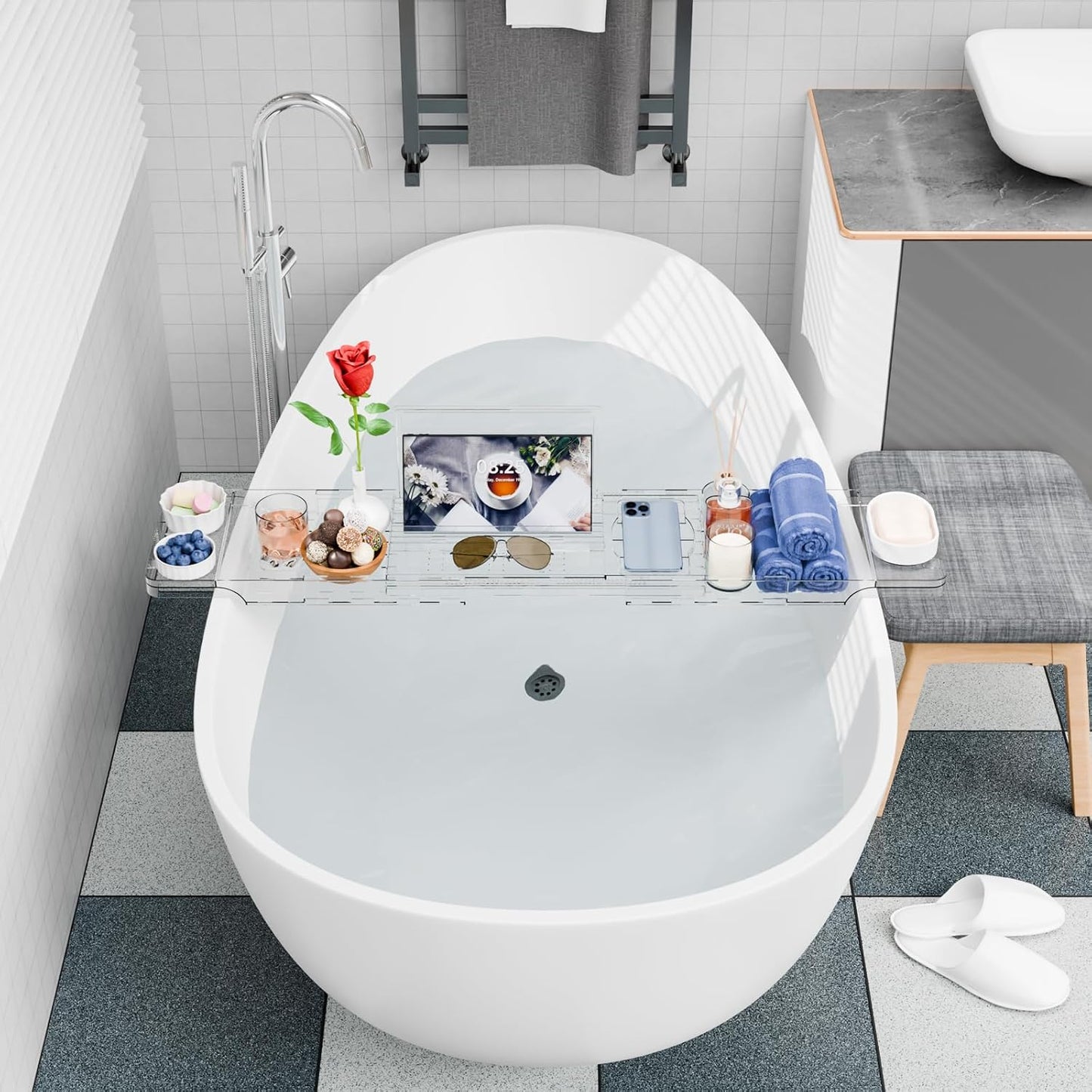 Yieach Luxury Clear Bathtub Shelf Across Tub,Expandable Plastic Bathtub Tray Over The Tub Bath Caddy,Free Standing Bath Table Board & Accessories for Women Relaxing with Reading Book and Ipad Holder