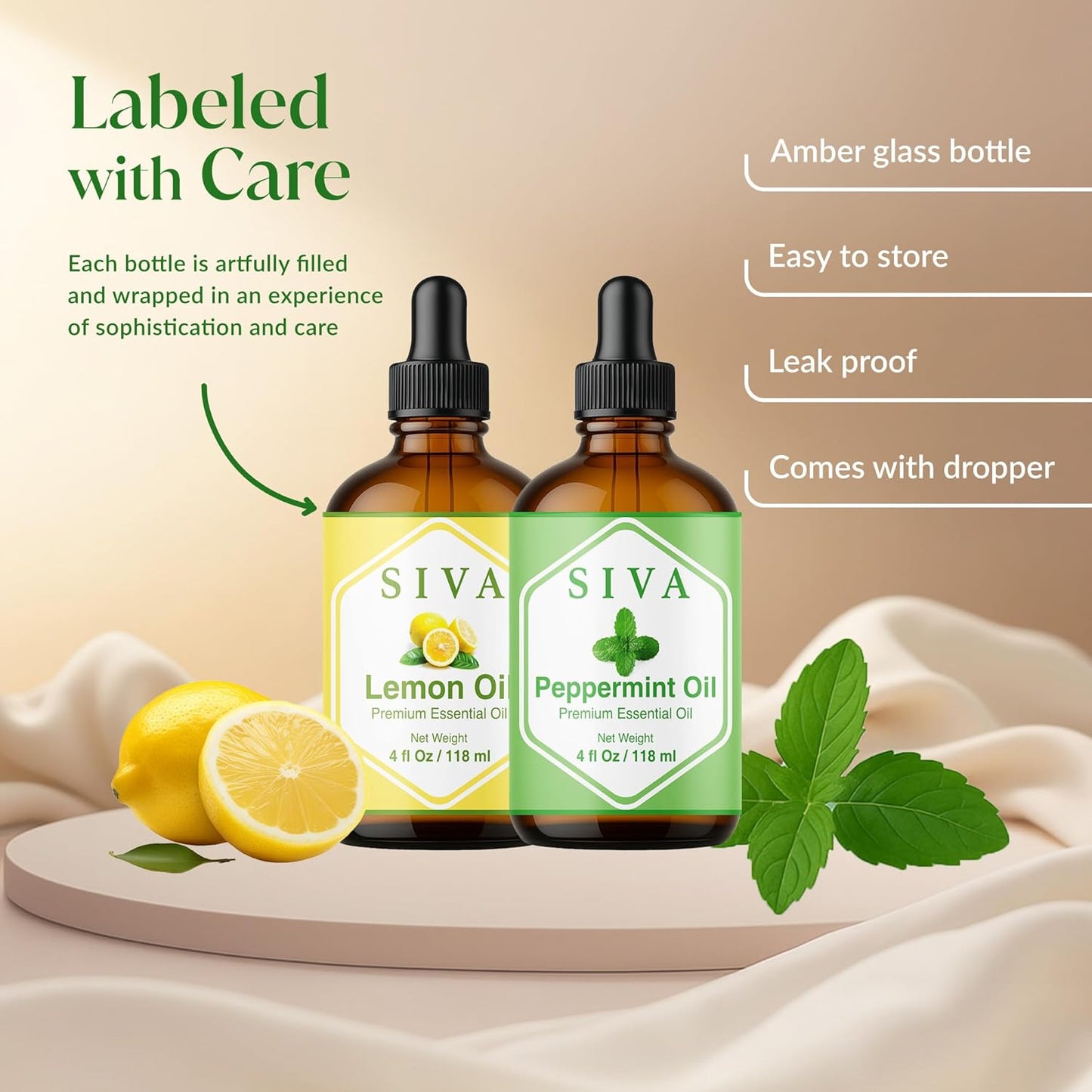 Siva Peppermint Essential Oil and Lemon Essential Oil 4oz Bundle Super Saver Combo – Premium Grade Value Set for Aromatherapy, Scalp Massage, Hair Care, Skin & Body