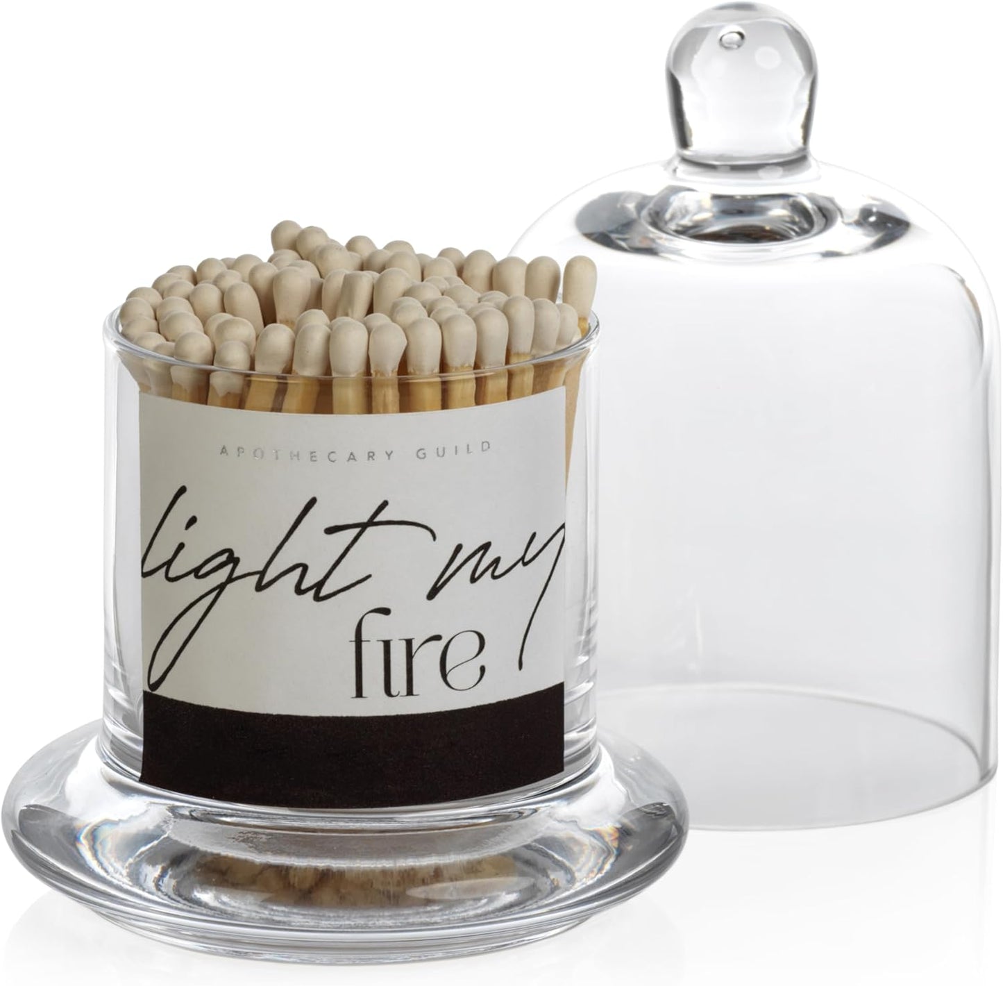 Zodax Apothecary Guild Light My Fire Matches with Glass Dome - Home Decor for Bathroom and Kitchen - Glass Jar with Bell Cloche - Decorative Match Holder - Includes 150 Matchsticks - White