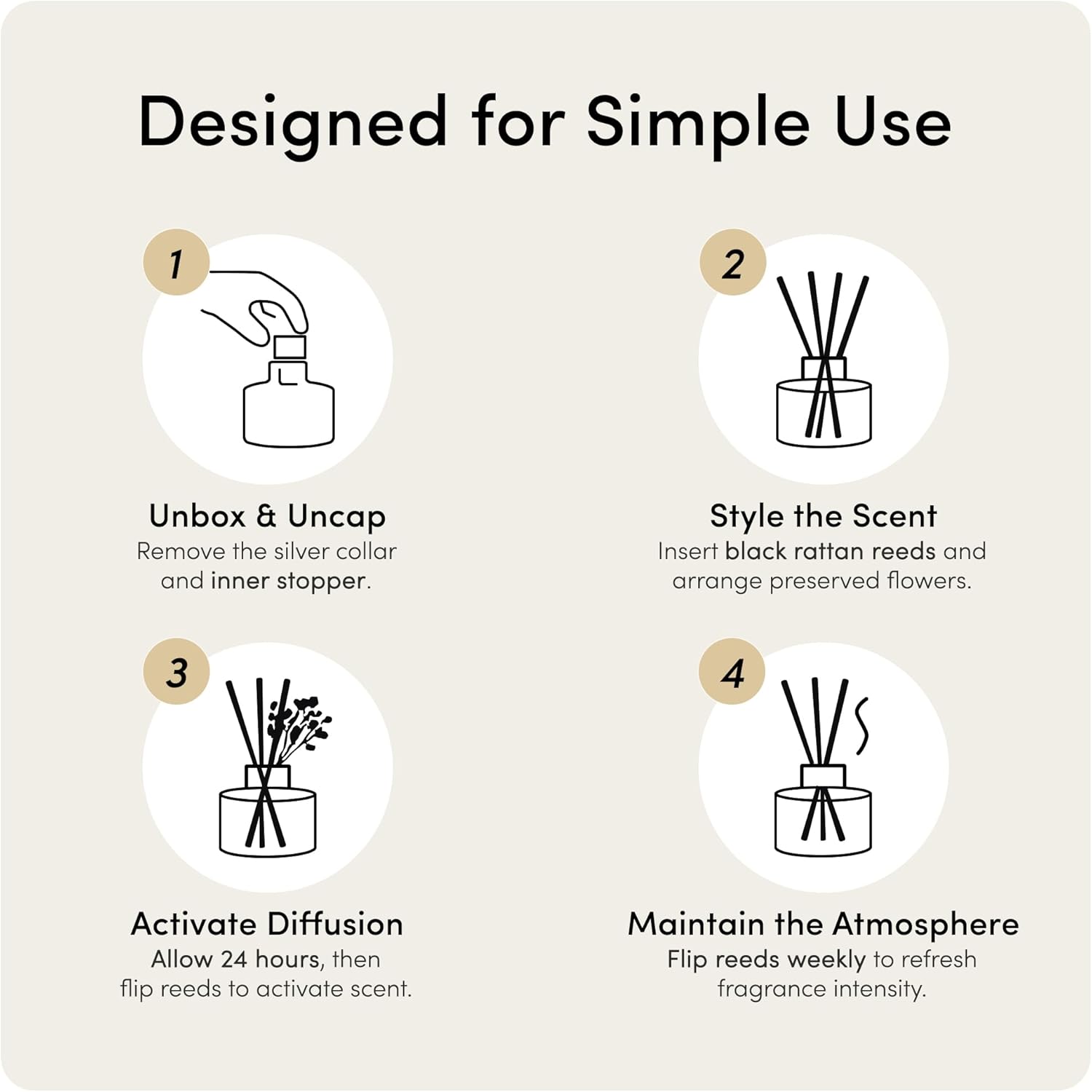 Reed Diffuser Set (6.7fl oz), Natural Clean Linen Essential Oil Fragrance with Glass Bottle, Black Rattan Sticks & Preserved Flowers, Up to 120 Days Lasting Fragrance for Home & Office