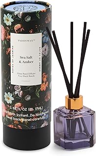 Paddywax Botanica Scented Oil Diffuser with Reeds in Reusable Blue Glass Bottle, Tubed Gift Box, Includes Diffuser Sticks, Long-Lasting Fragrance, Reusable & Upcyclable, Sea Salt & Amber, 2.8 fl oz