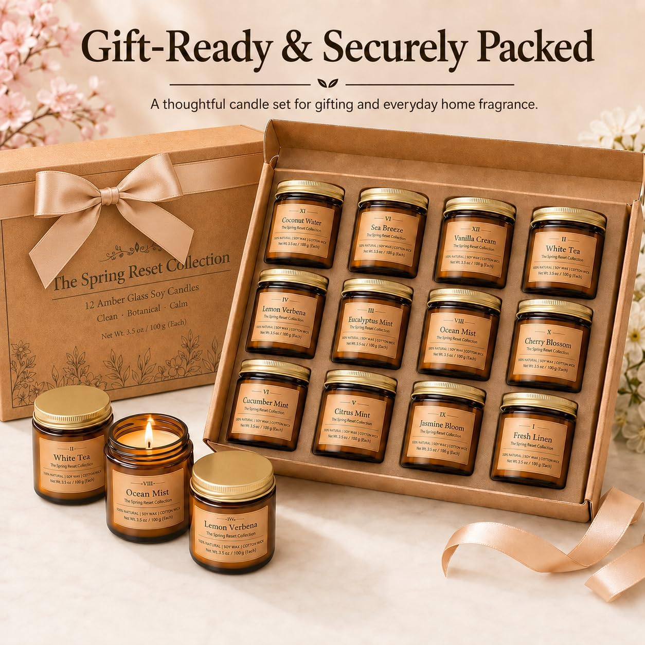 12 Pack Summer Scented Candles, 3.5 oz Amber Glass Jar Soy Candle Set, 8% Essential Oil Blend, Gifts for Women Birthday Housewarming
