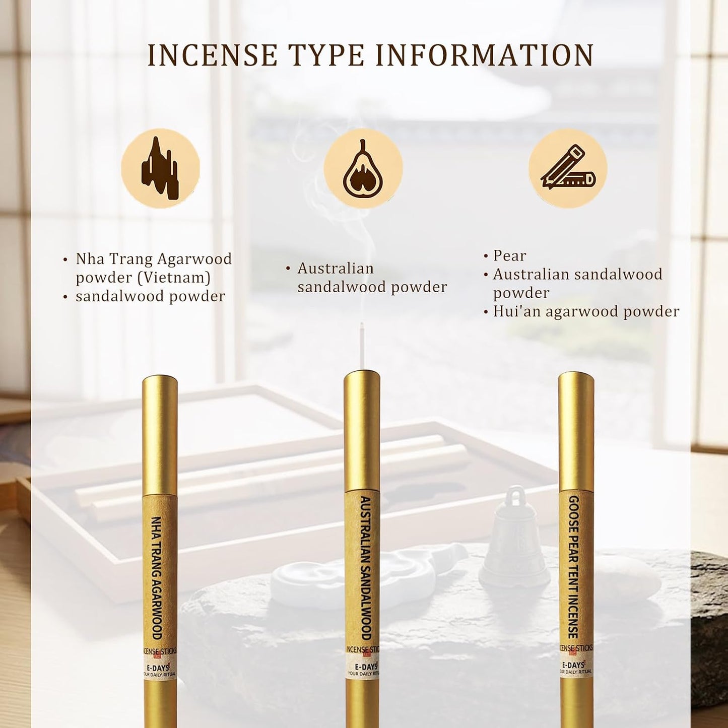 3-in-1 Incense Sticks Gift Set – 3 Scents with Incense Holder, (Nha Trang Agarwood, Goose Pear Tent, Australian Sandalwood) – Aromatherapy for Meditation, Yoga, Home – 30g (80 Sticks)