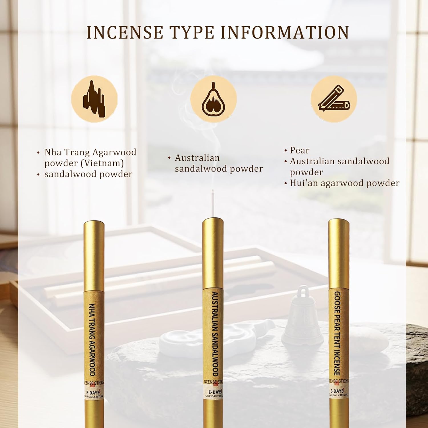 3-in-1 Incense Sticks Gift Set – 3 Scents with Incense Holder, (Nha Trang Agarwood, Goose Pear Tent, Australian Sandalwood) – Aromatherapy for Meditation, Yoga, Home – 30g (80 Sticks)