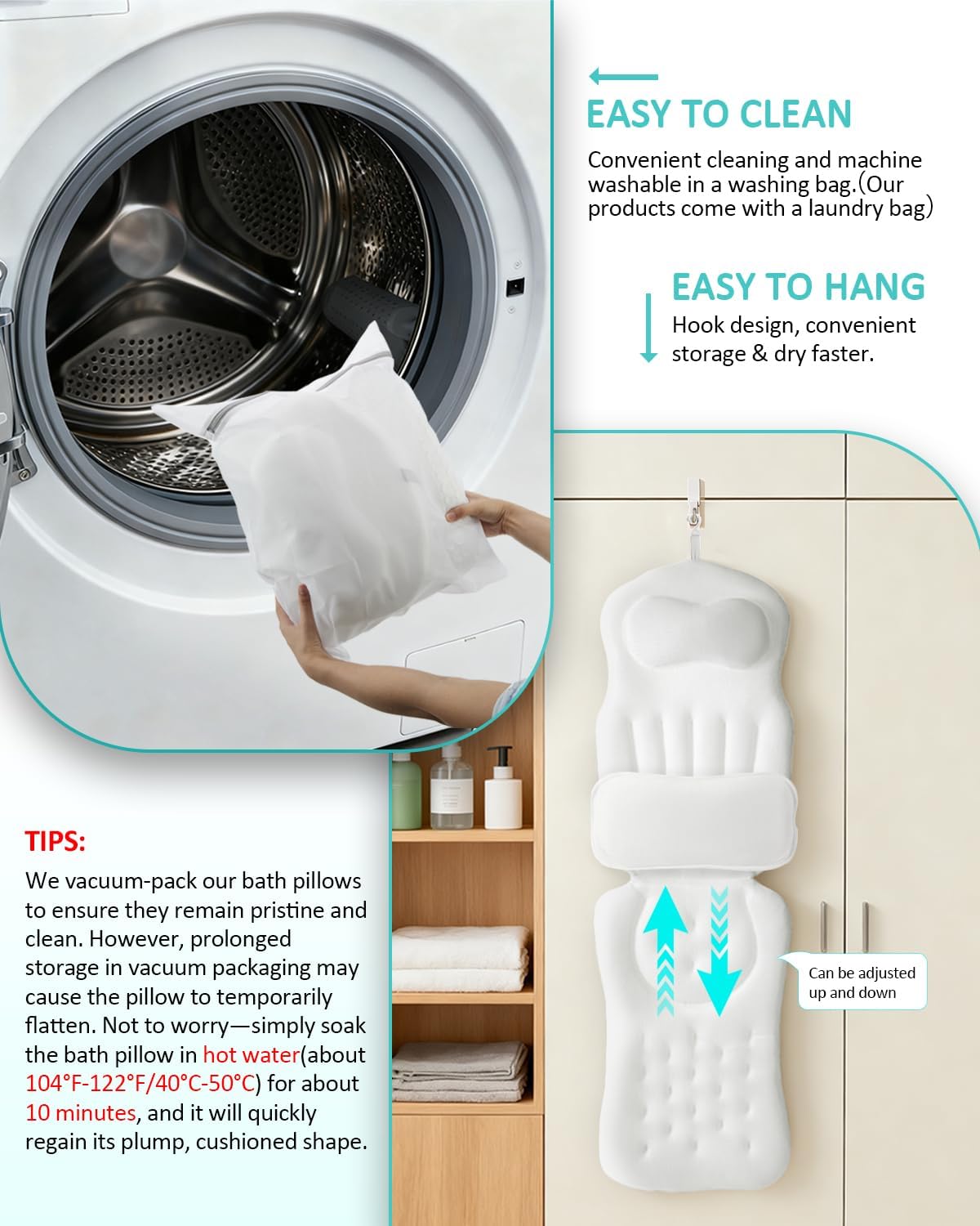 Full Body Bath Pillow for Bathtub, 5D Thick Tub Pillow for Bathtub with Movable Head, Neck & Lumbar Support, Laundry Bag & Hook, Bathtub Pillow for Post-Yoga Spa, Deep Relaxation(White, 51"*15")